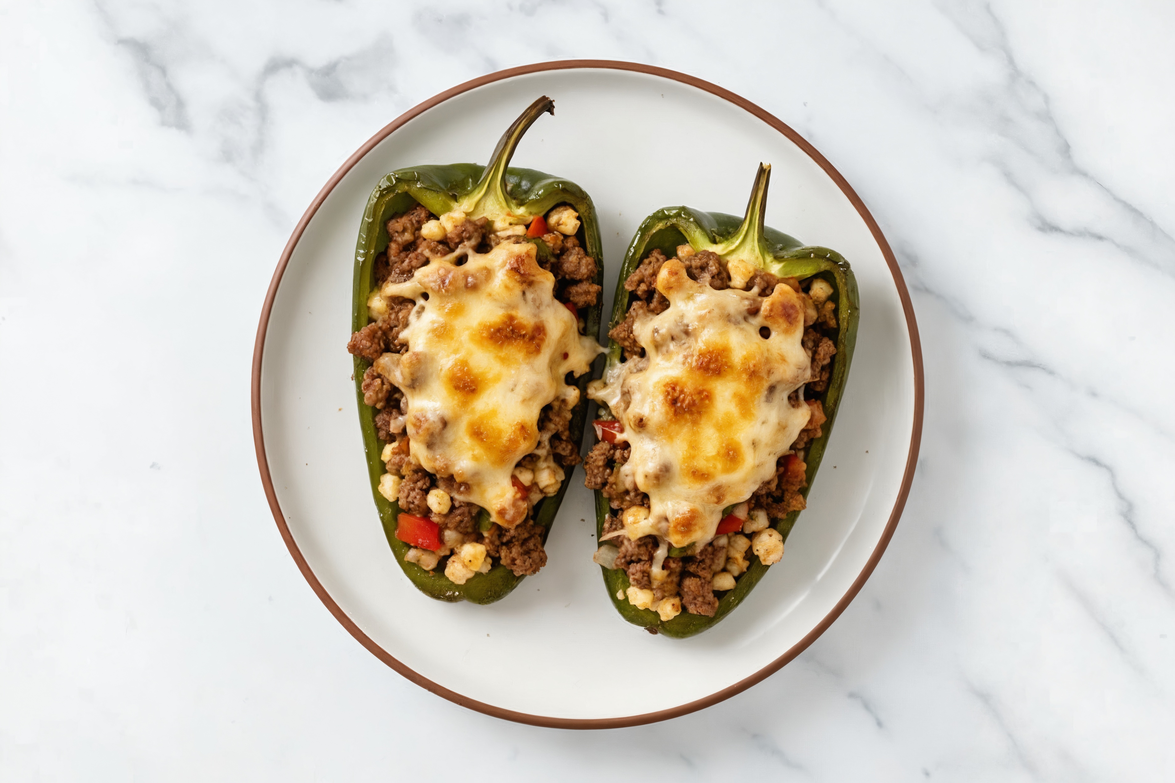 Cheezy Ground Beef Patties + Cauliflower Stuffed Poblano Peppers