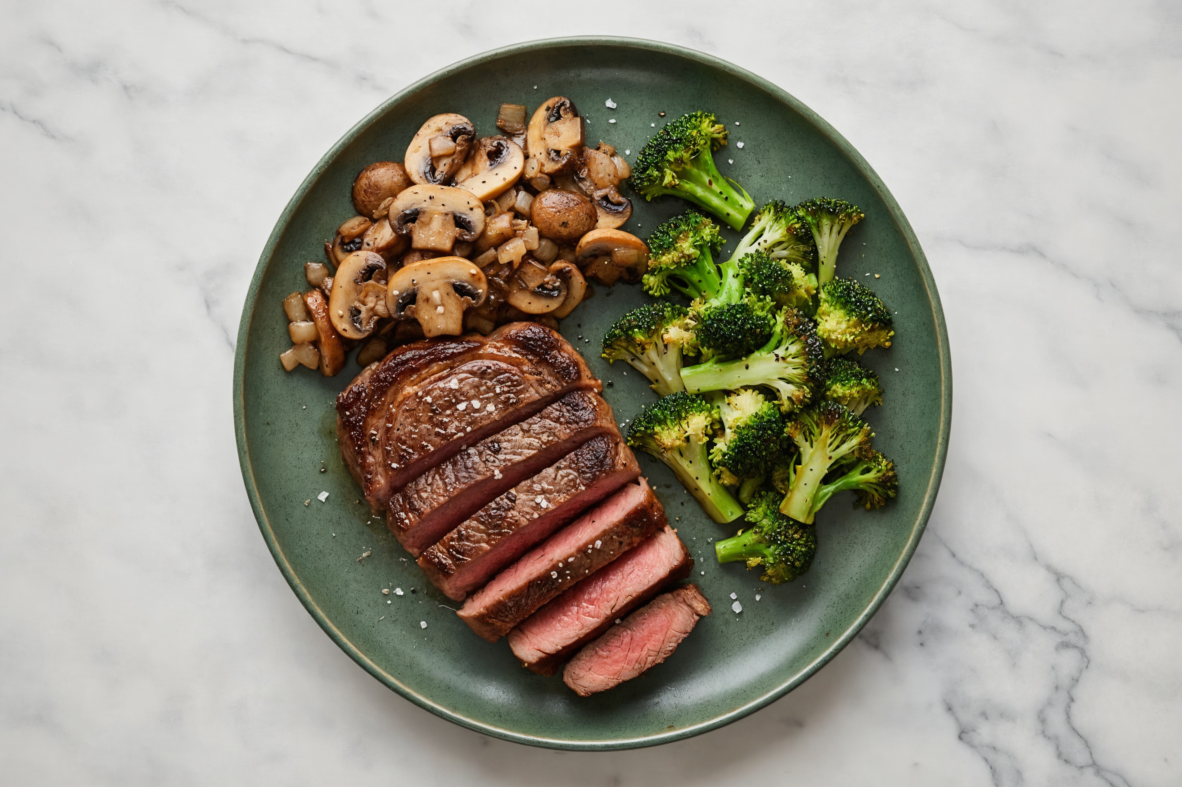 Seared Wagyu Ribeye Steak with Mushrooms with Broccoli Florets