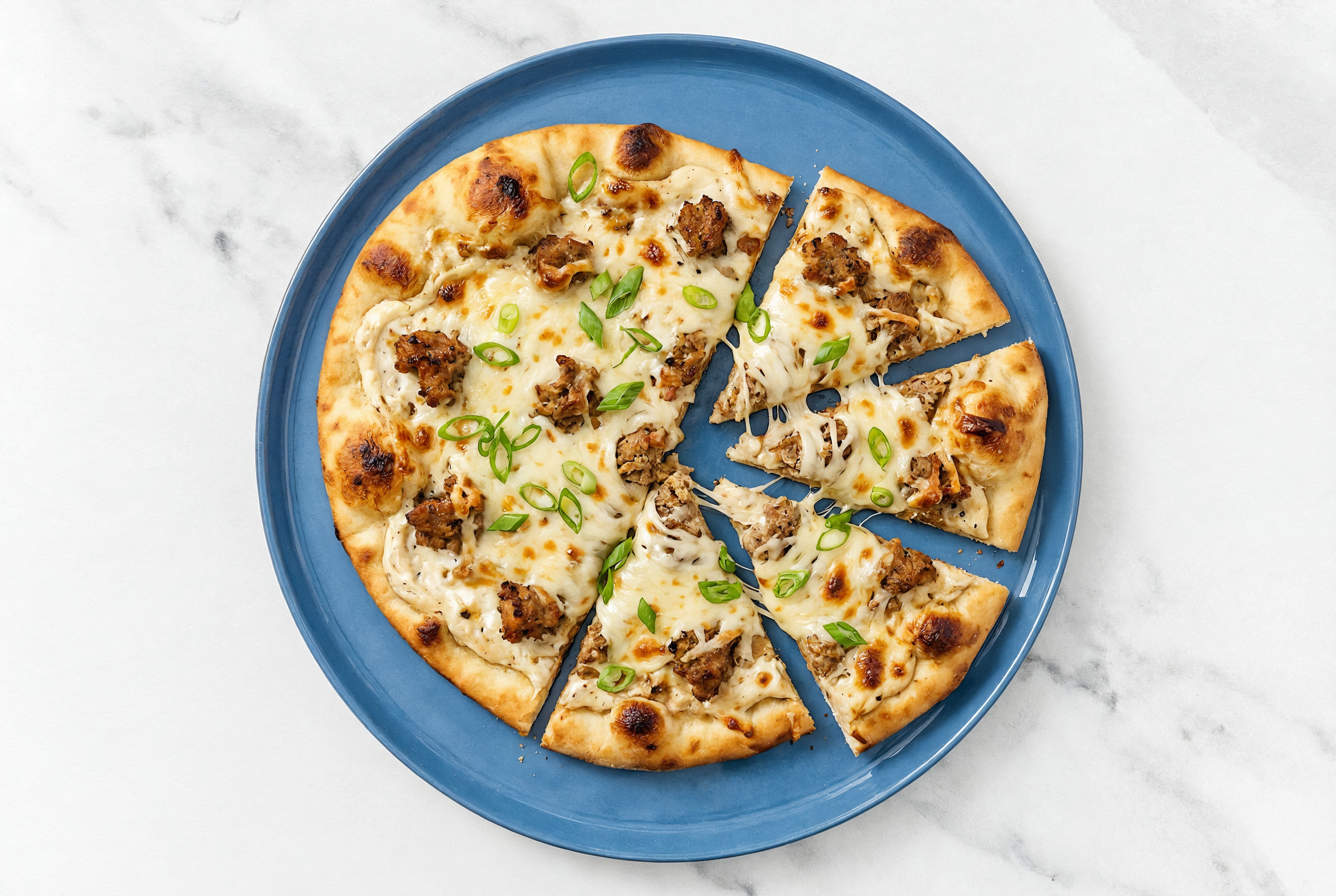 Sweet Onion Spicy Turkey Naan Pizza with "Mozzarella" + Fresh Scallions