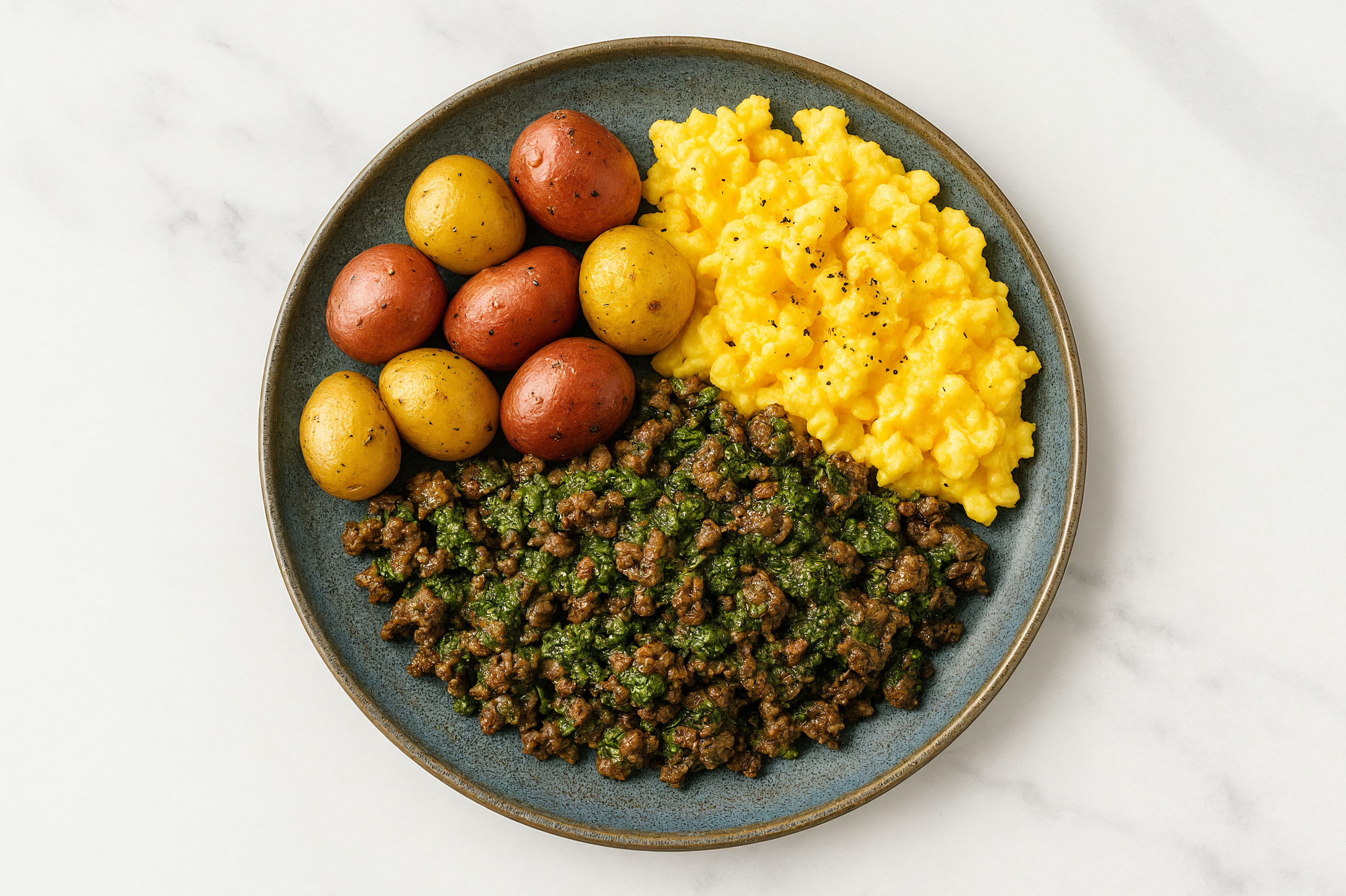 Eggs + Chimichurri Wagyu Beef Plate with Multicolor Potatoes