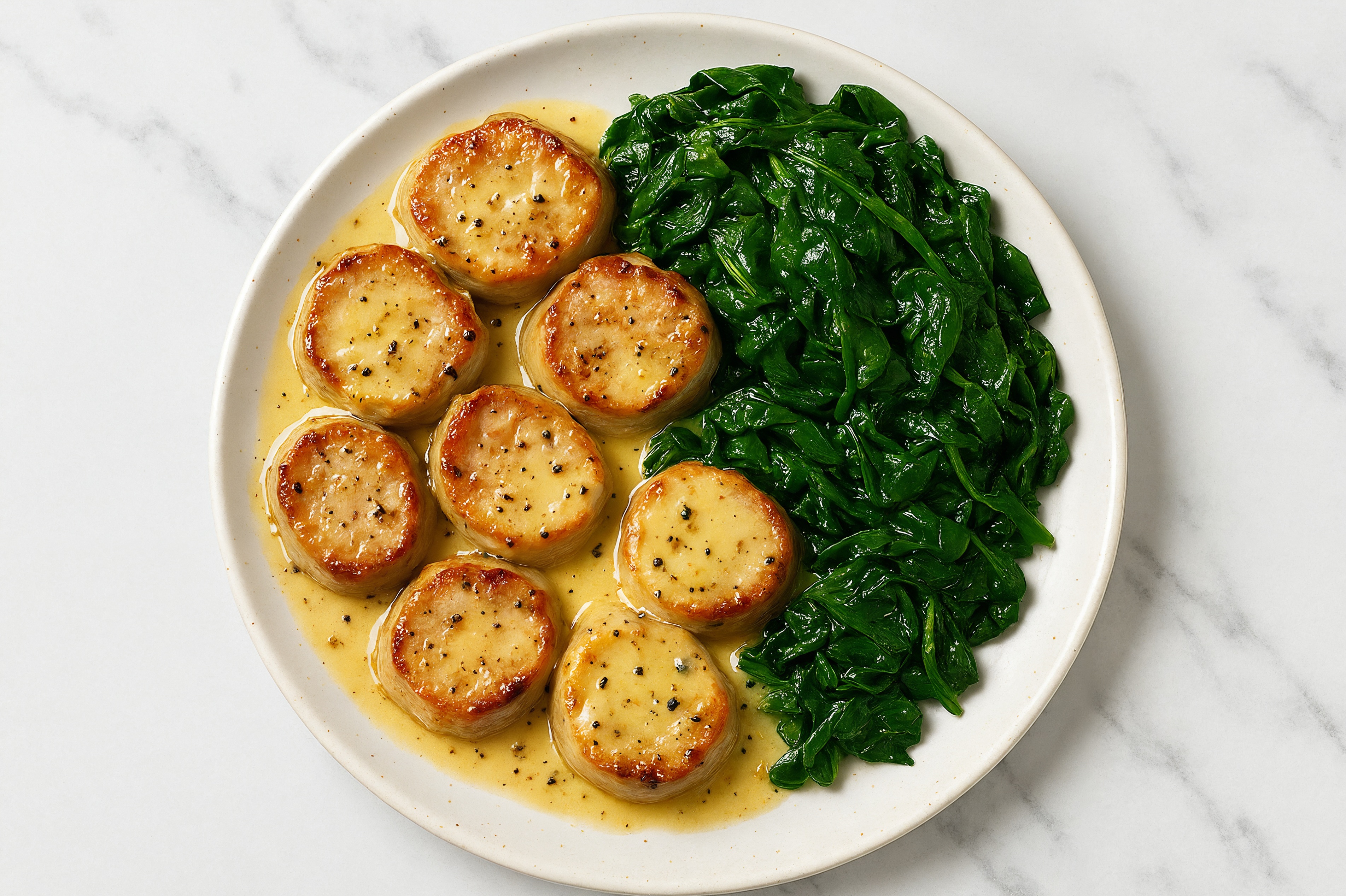 Buttery Slow Churned Lemon & Peppercorn Pasture Butter Pepper Pork Medallions + Sautéed Baby Spinach