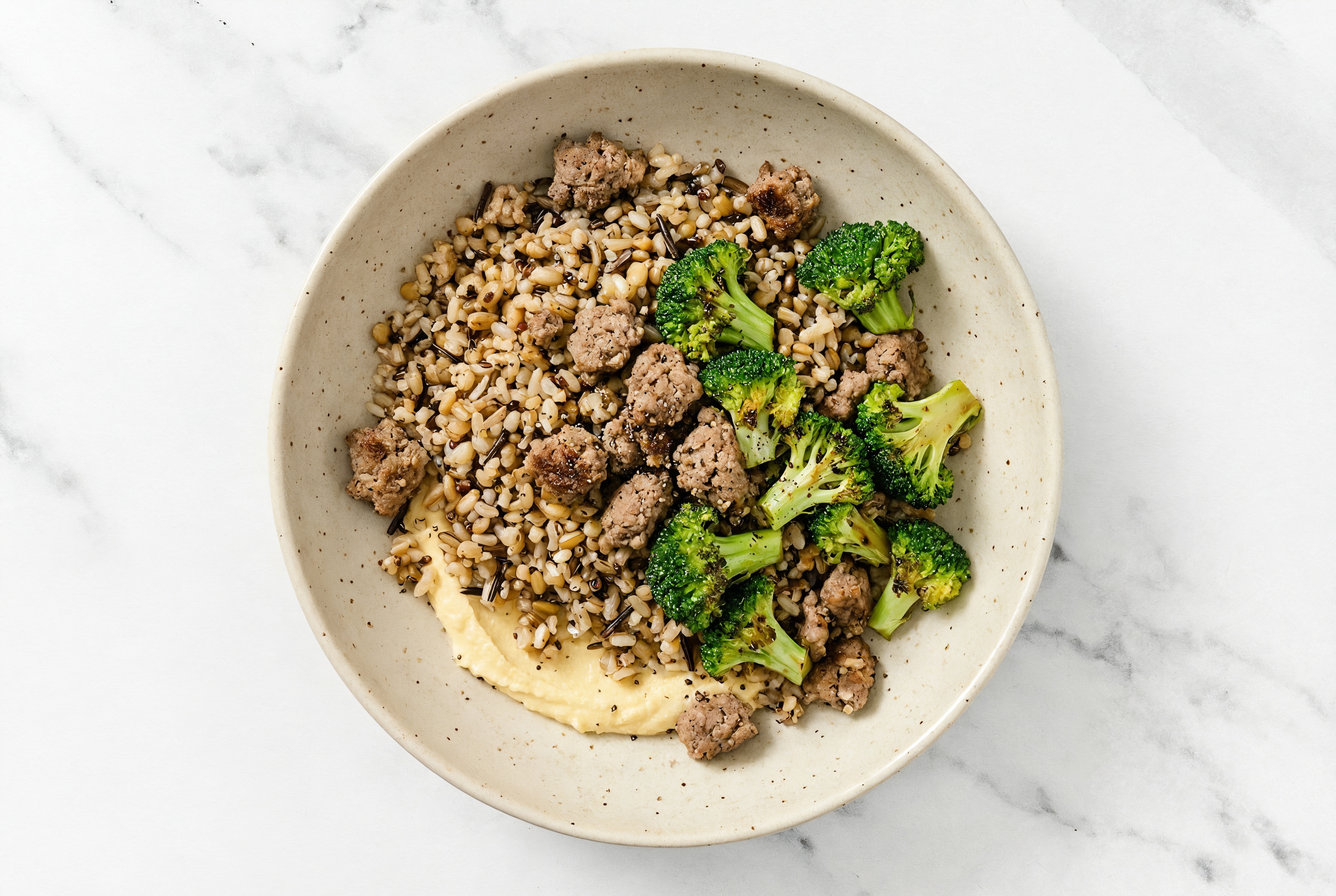Ground Bison & Broccoli Grain Bowl with Lemon Garlic Hummus