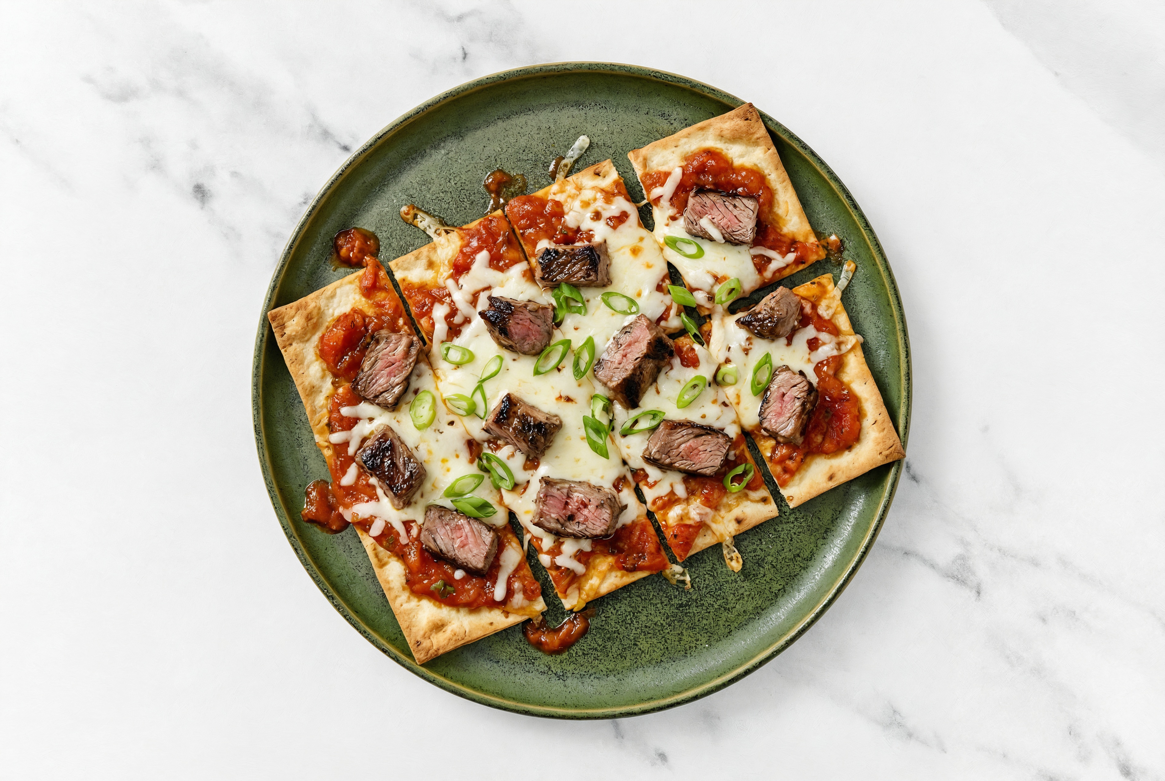 Red Sauce Sirloin Lavash Pizza with "Mozzarella" + Fresh Scallions