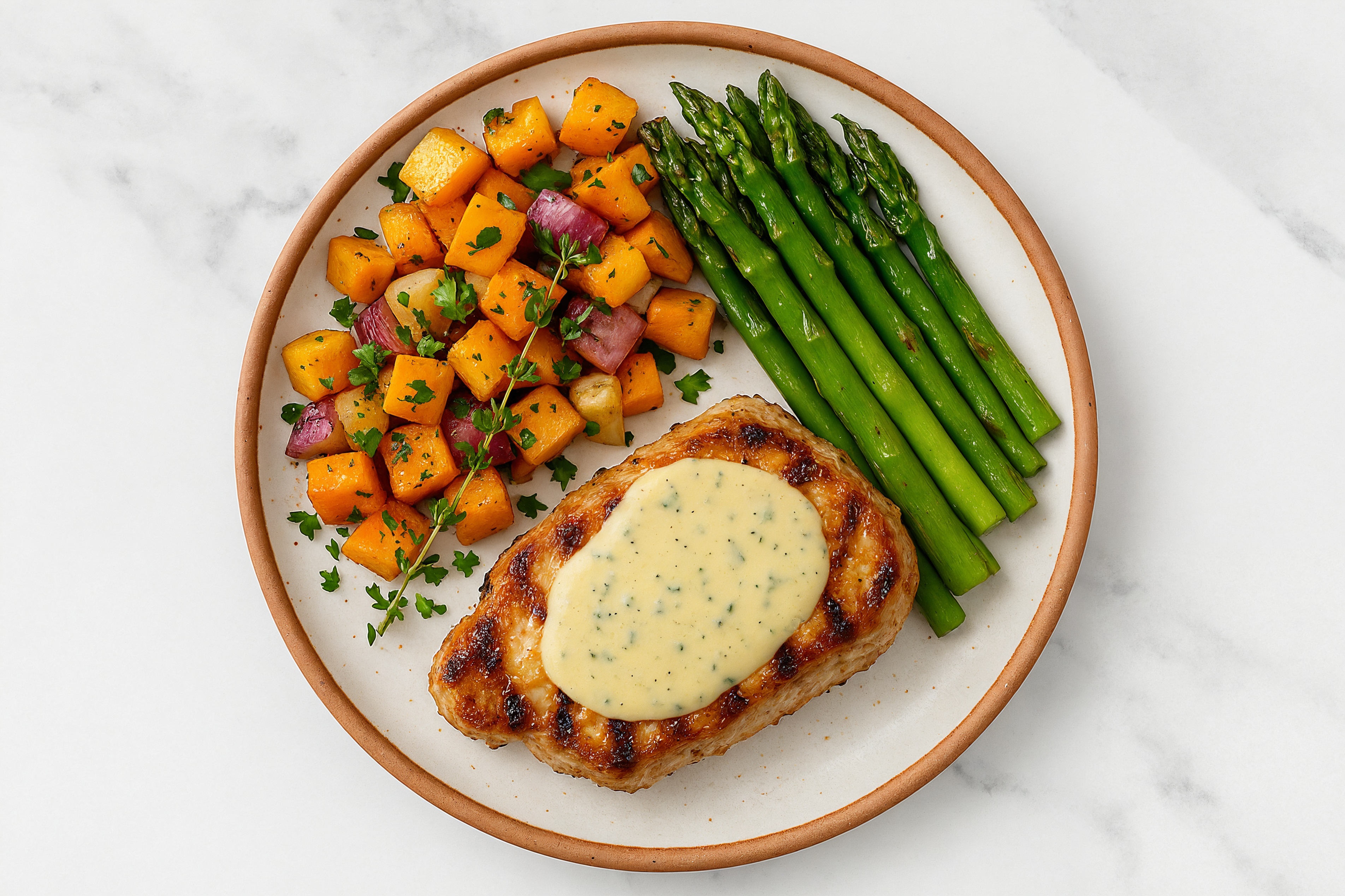 Creamy Herb Smothered Pork Chops with Asparagus & Roasted Vegetables