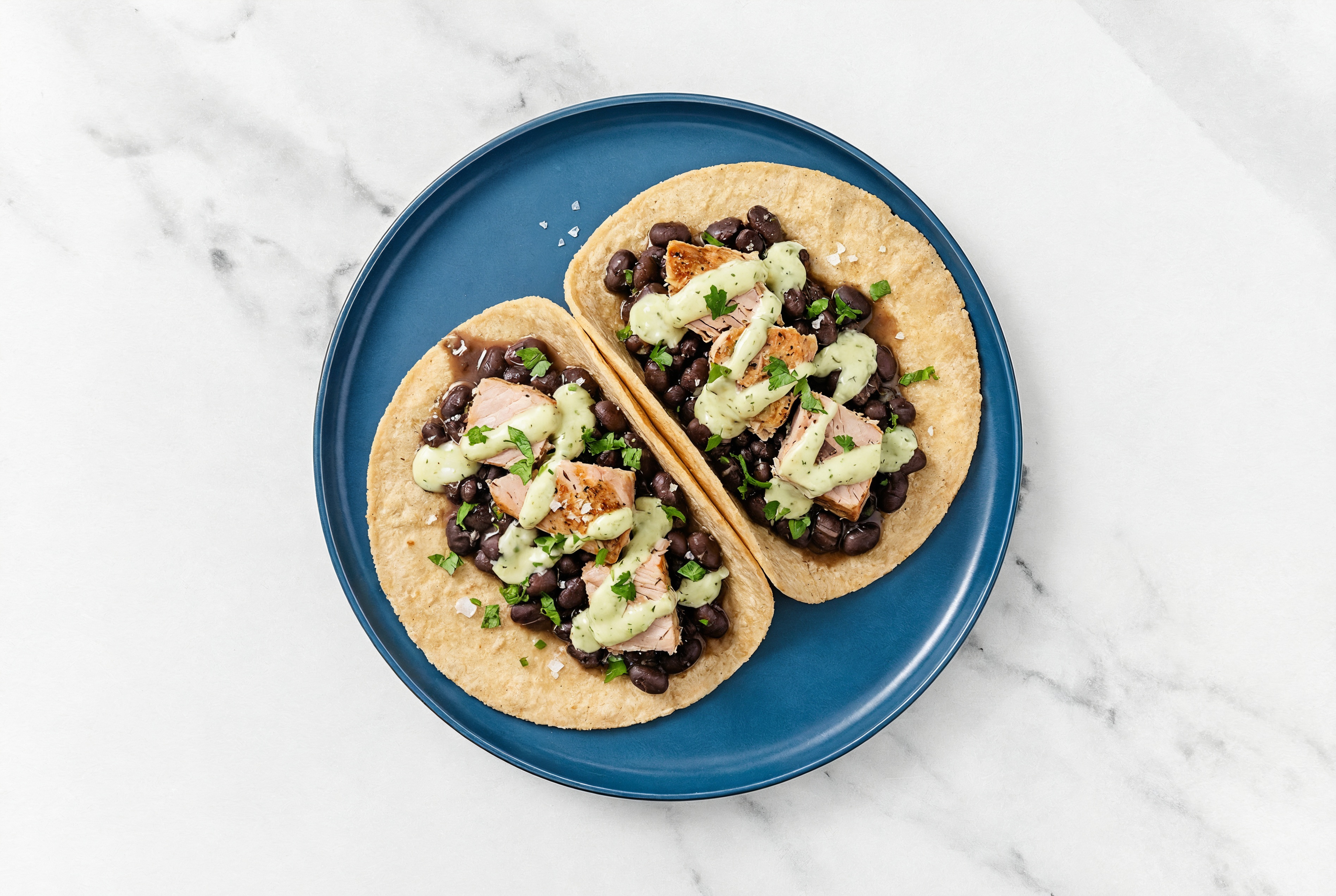 Cuban Spiced Black Beans Bean Tacos with Seared Tuna & Jalapeño Crema