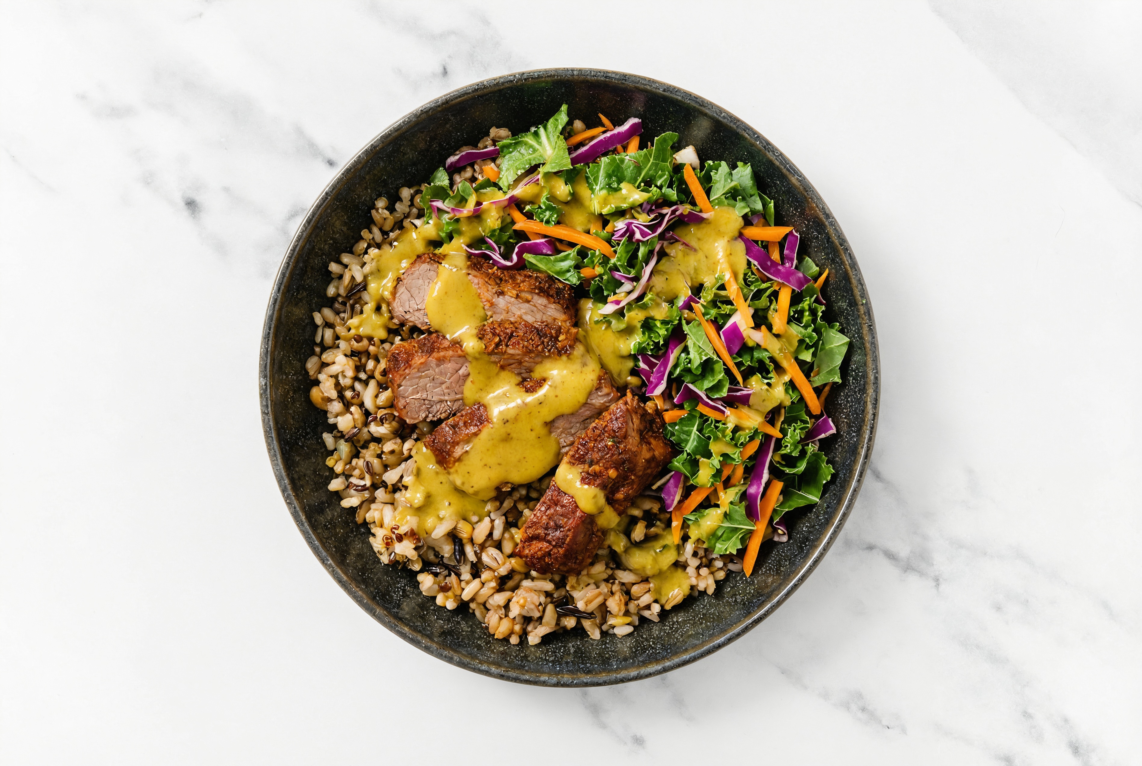 Adobo Marinated Flank Steak & Rainbow Veggie Grain Bowl with Coconut Curry