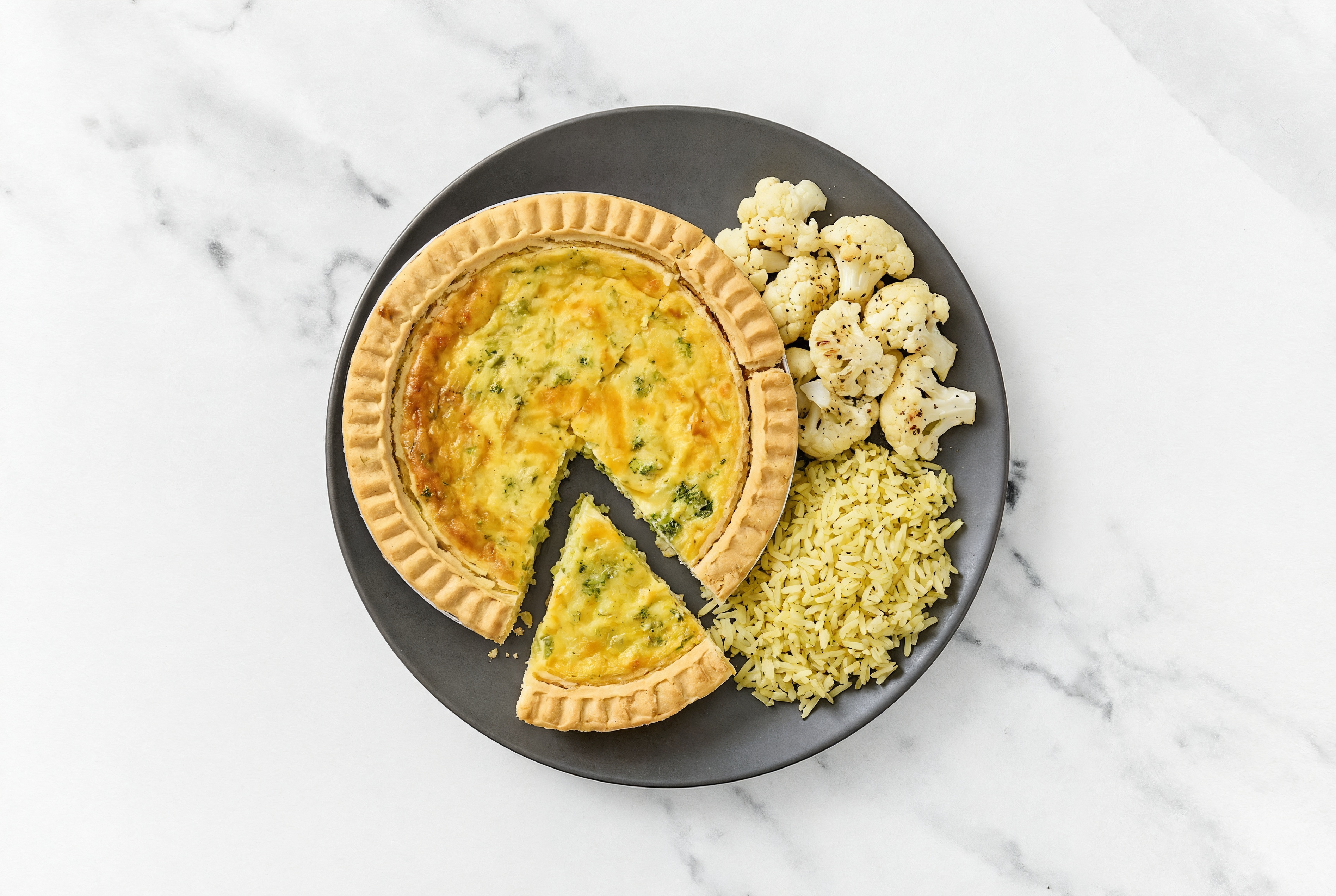 Broccoli & Cheddar Quiche with Cauliflower Florets & Jasmine Rice