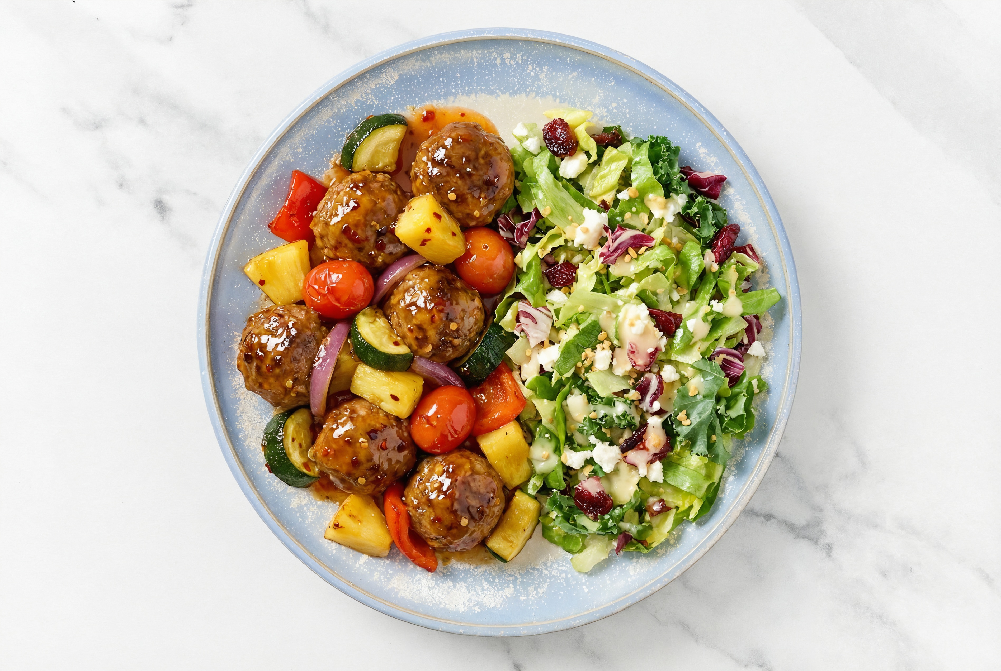 Sweet Chili Baked Italian-Style Ground Beef Meatballs & Squash with Honey Citrus Salad