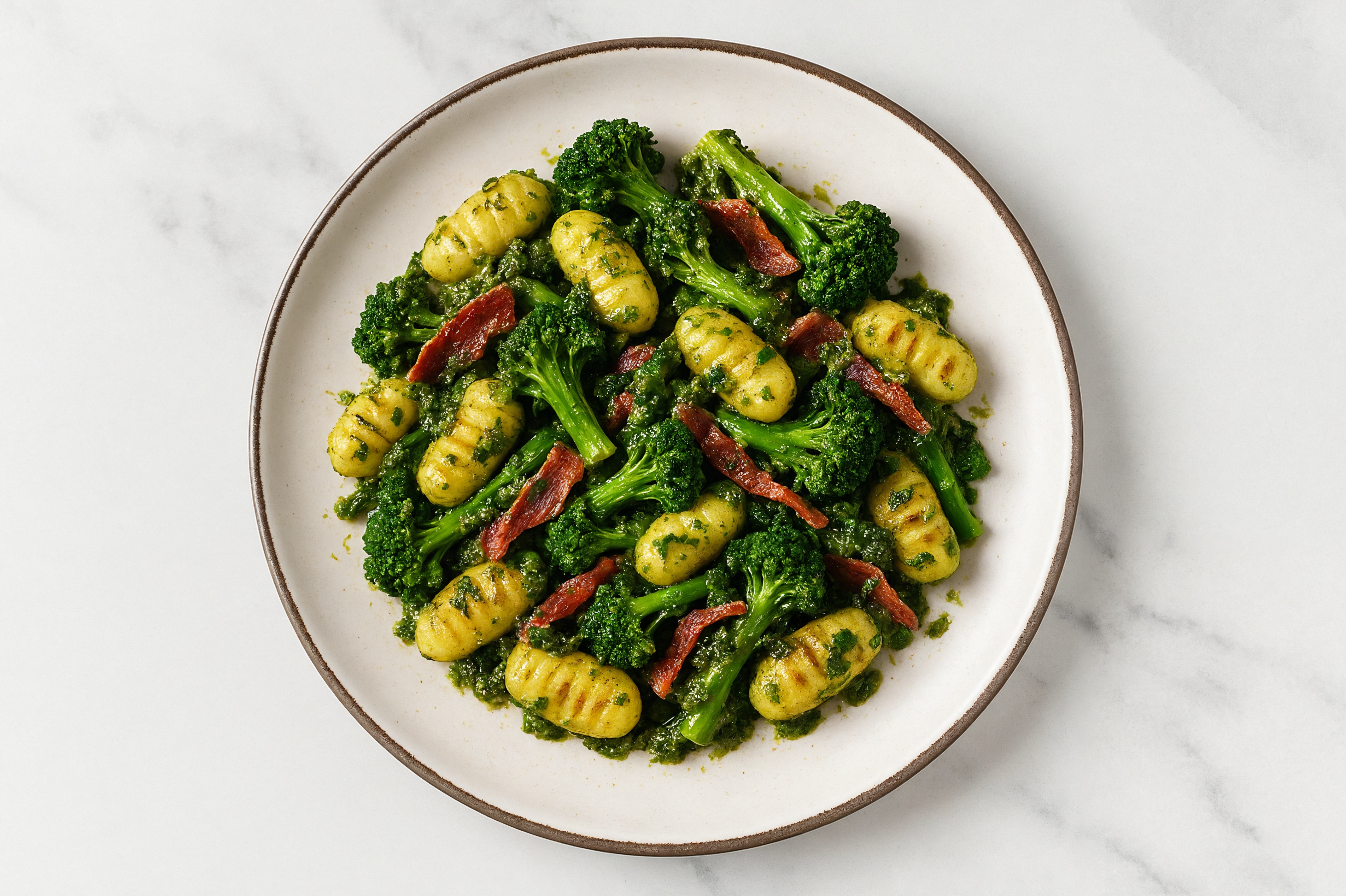 Spinach Pesto Gnocchi with Salami & Baby Broccoli