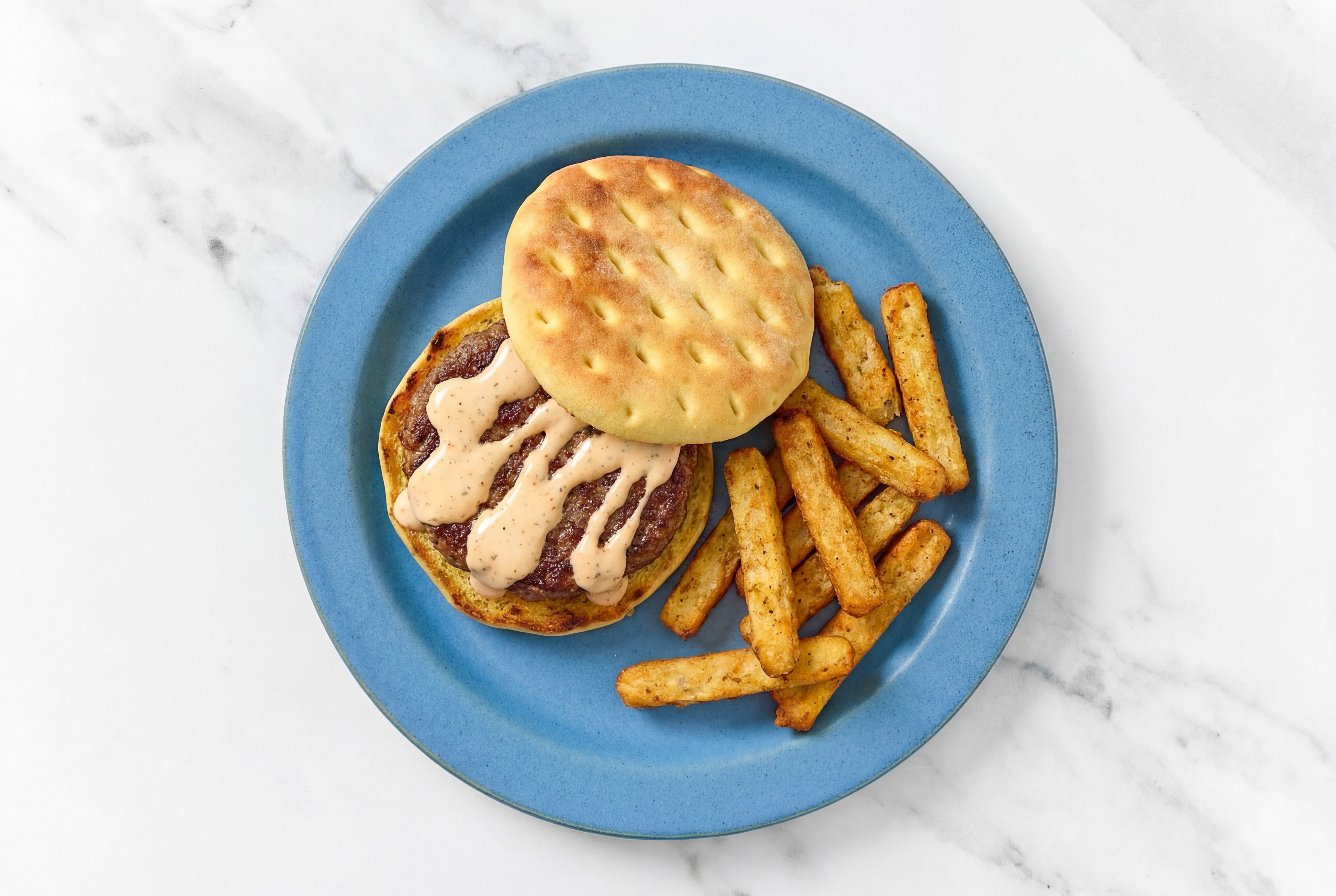Buffalo Ranch Burger + Fries with Fully Cooked Beef Burgers