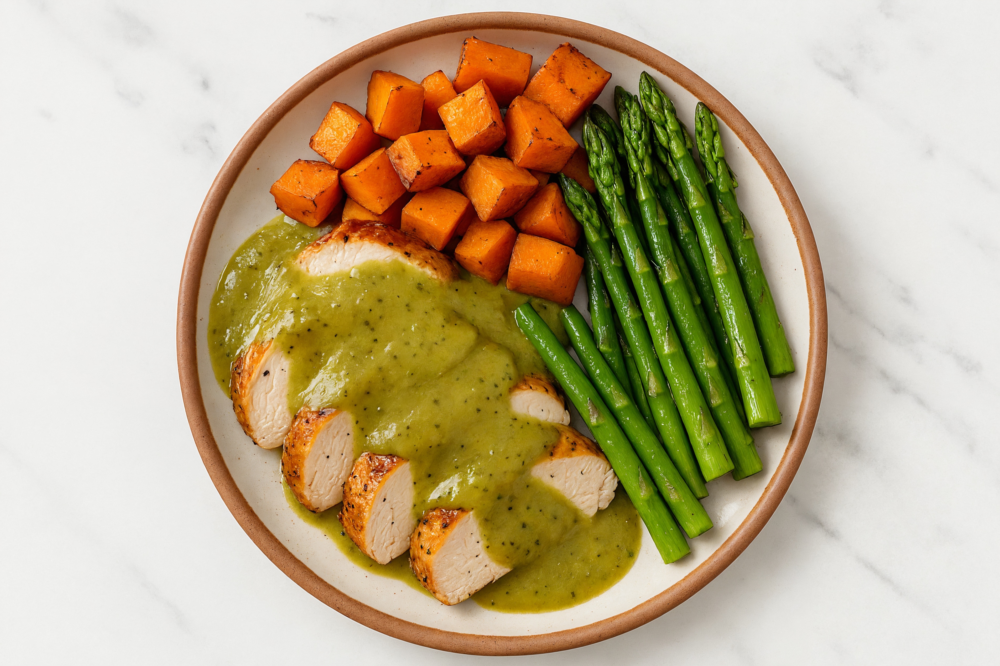 Green Chile Turkey Tenderloin with Sweet Potatoes & Asparagus