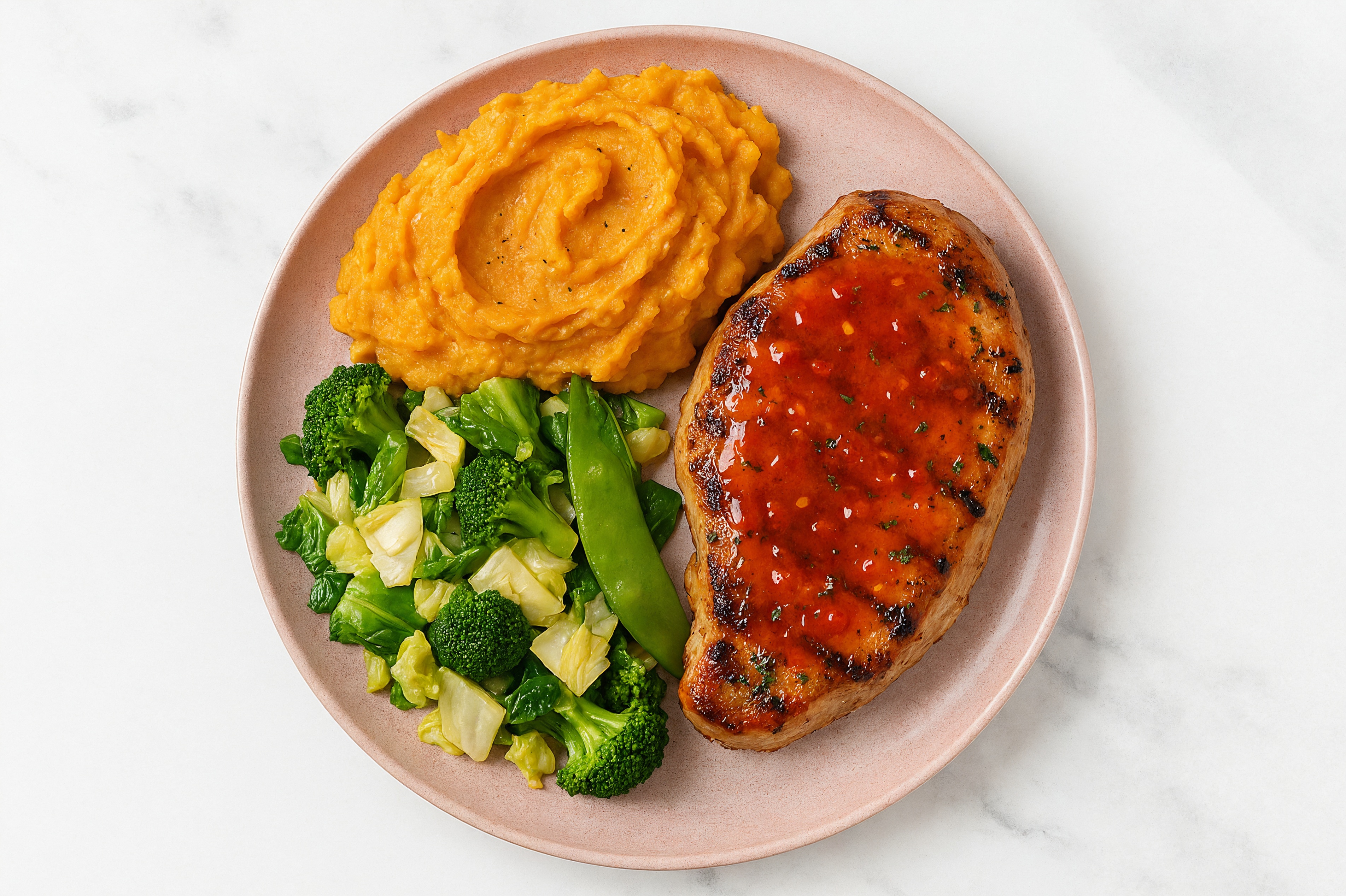 Bok Choy Pork Chops with Sweet Potato + Chili Lime