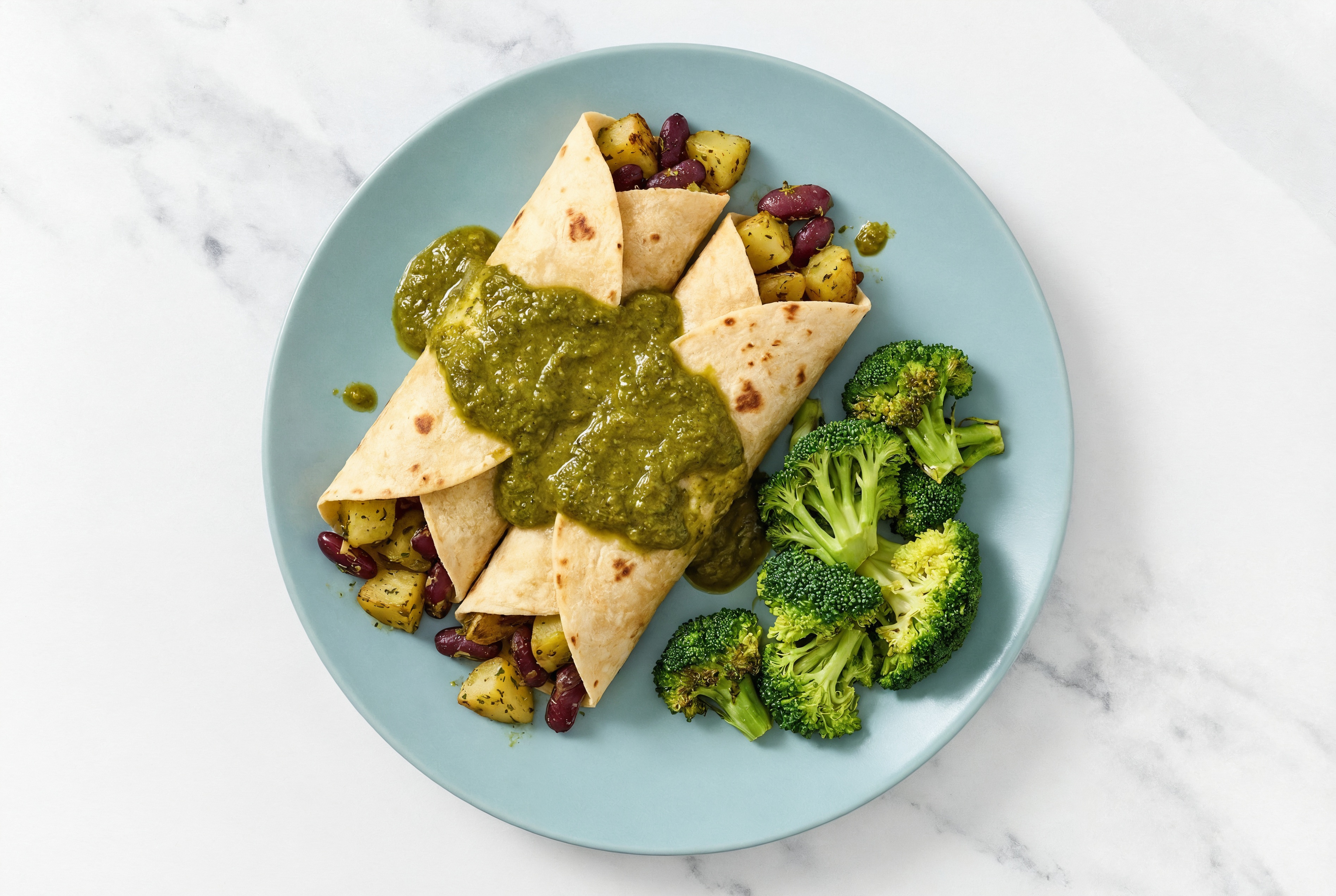 Saag Kidney Beans + Potato Enchiladas with Organic Broccoli
