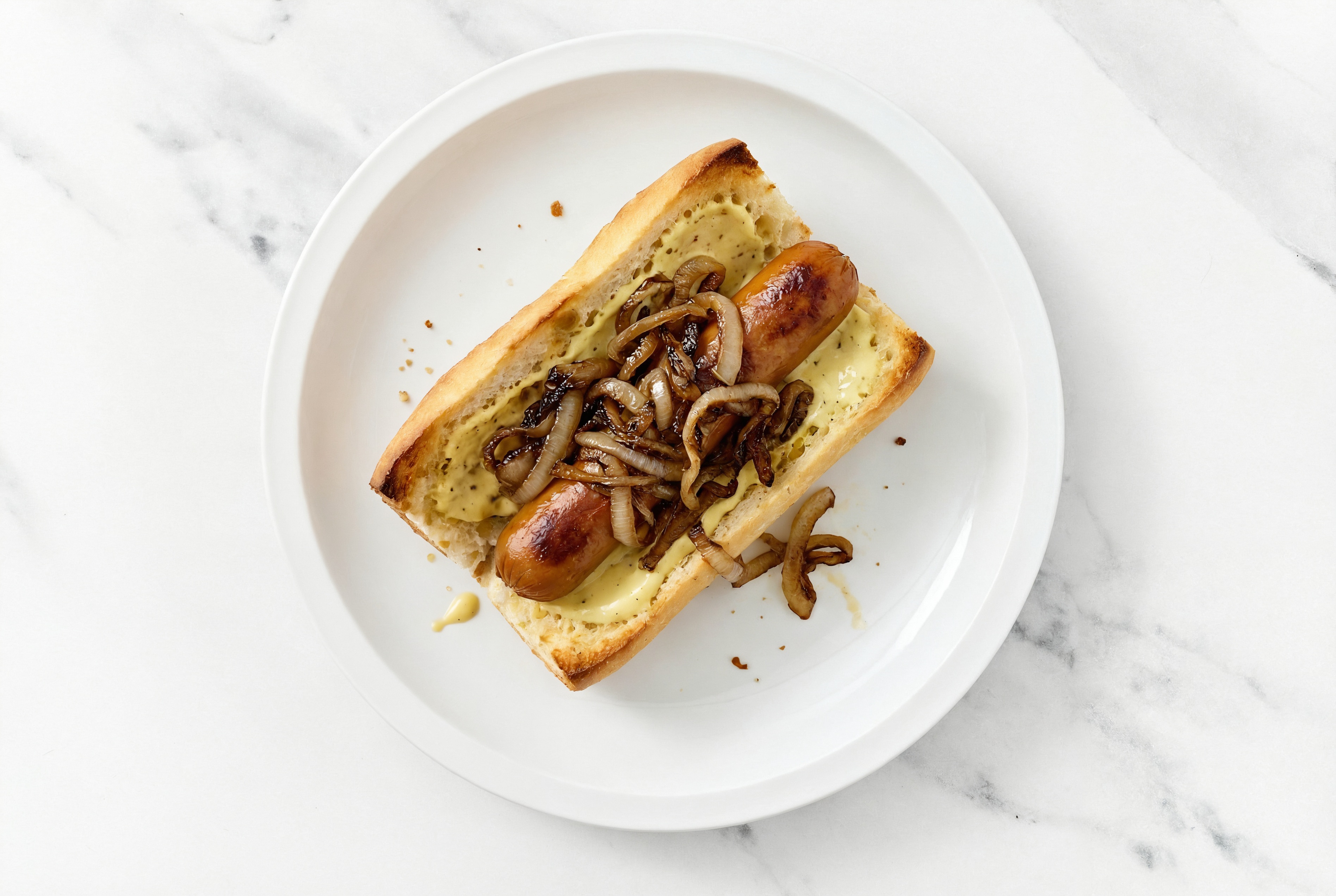 Carmelized Onion Smart Dog with Honey Musard Garlic Sauce on Baguette