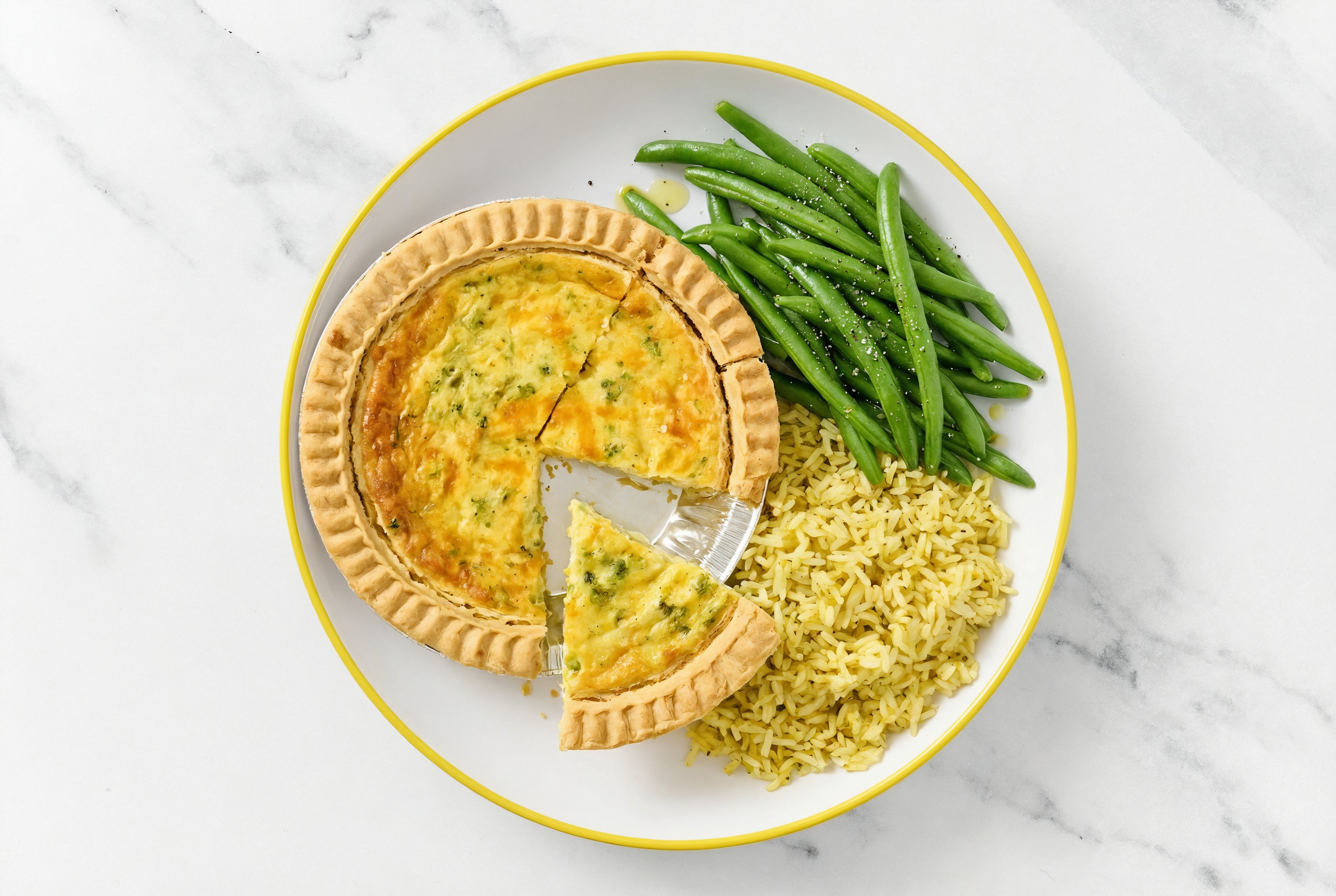 Broccoli & Cheddar Quiche with Green Beans & Jasmine Rice