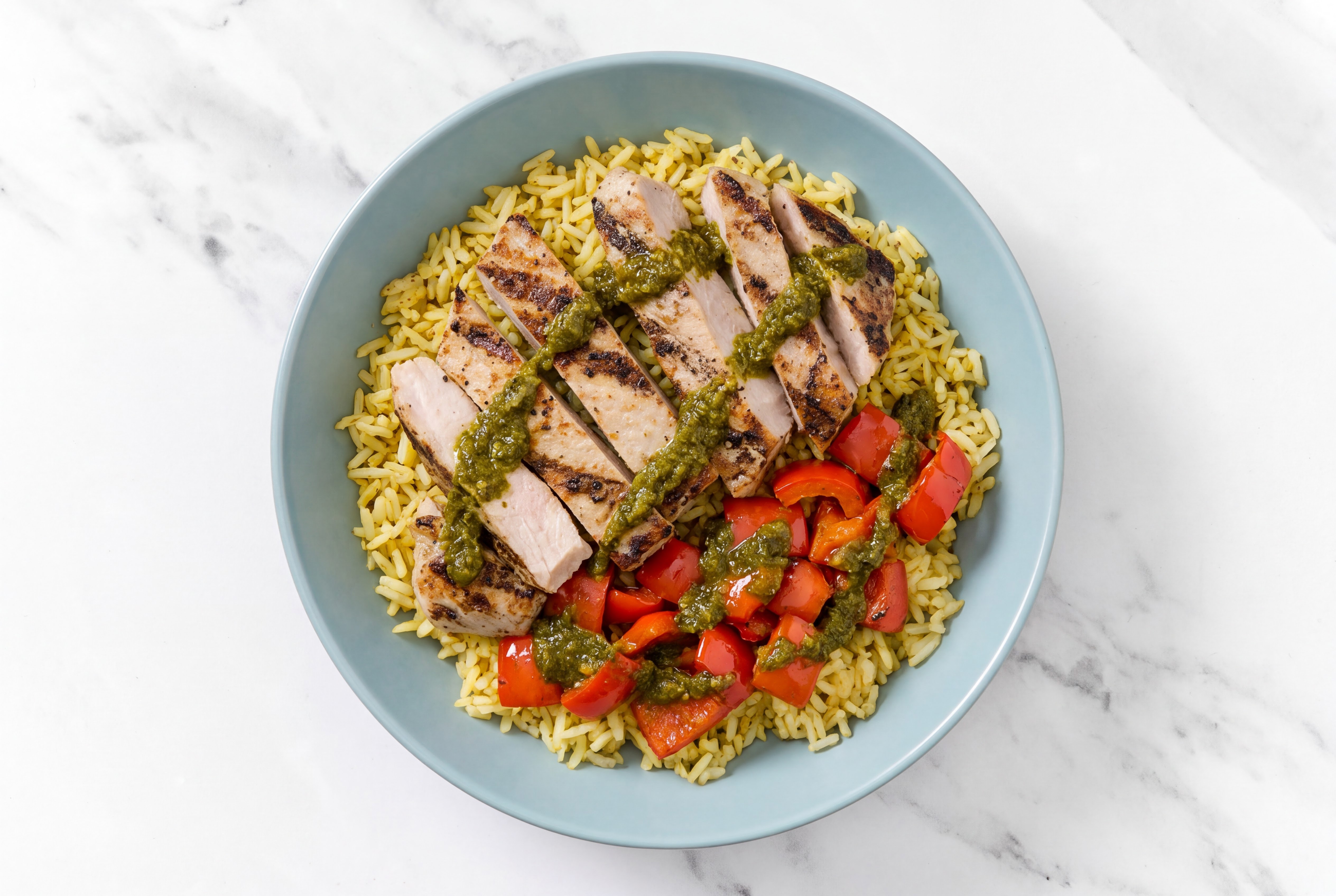 Grilled Pork Chop + Zhoug Jasmine Rice Bowl with Red Bell Pepper