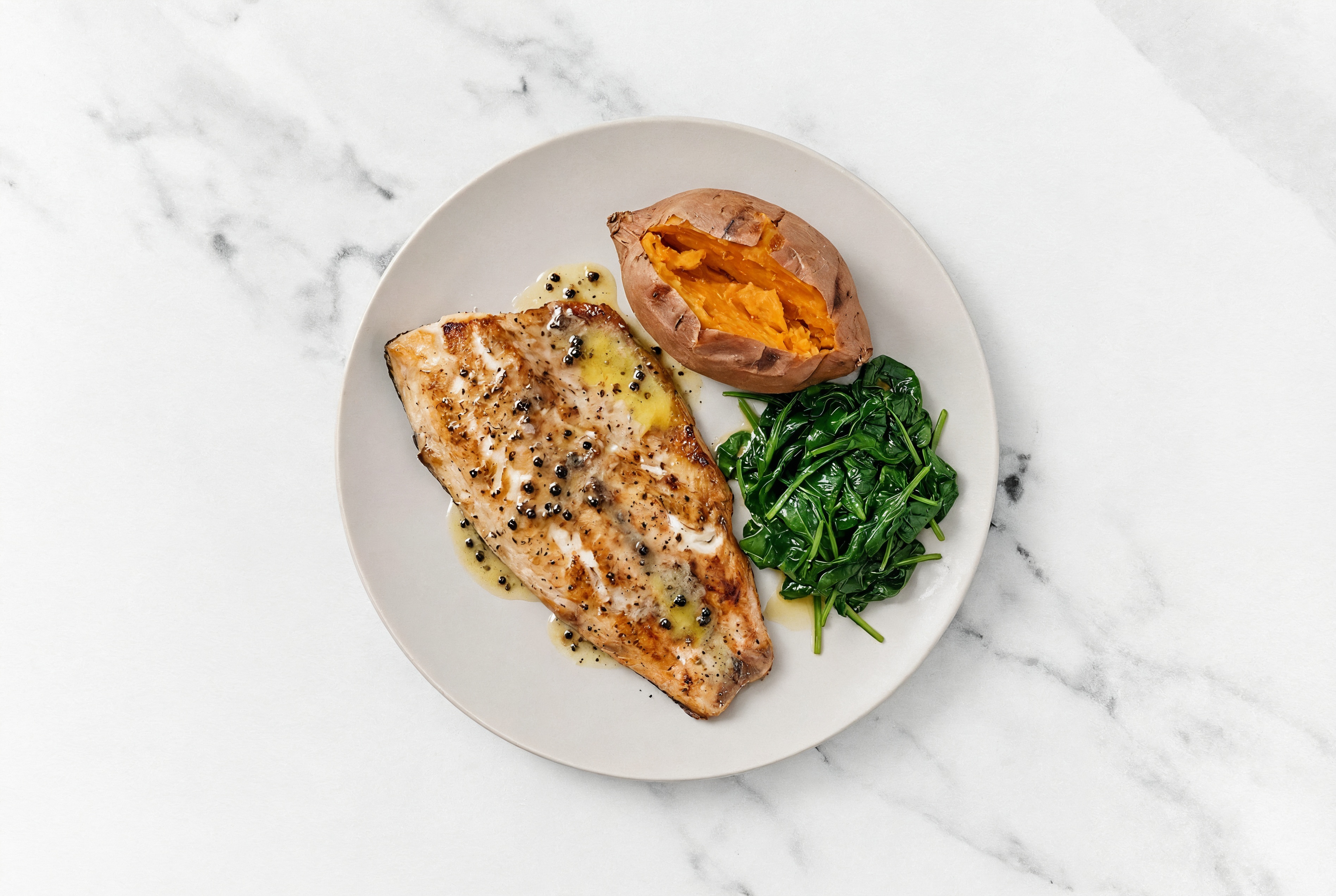 Lemon-Slow Churned & Peppercorn Pasture Butter Trout with Sweet Potato & Spinach