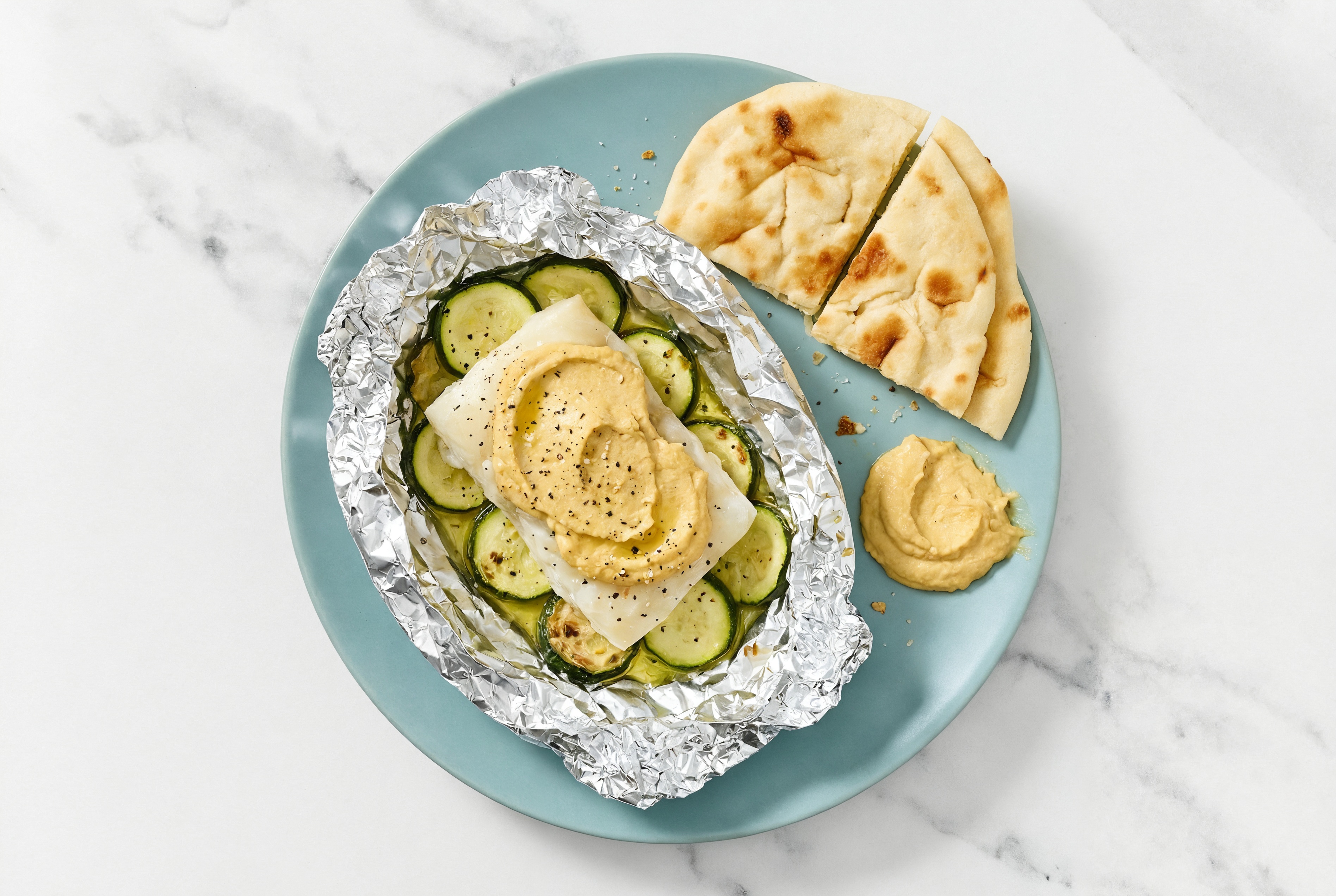 Roast + Ready Halibut + Veggies with Toasted Naan with French Onion Hummus