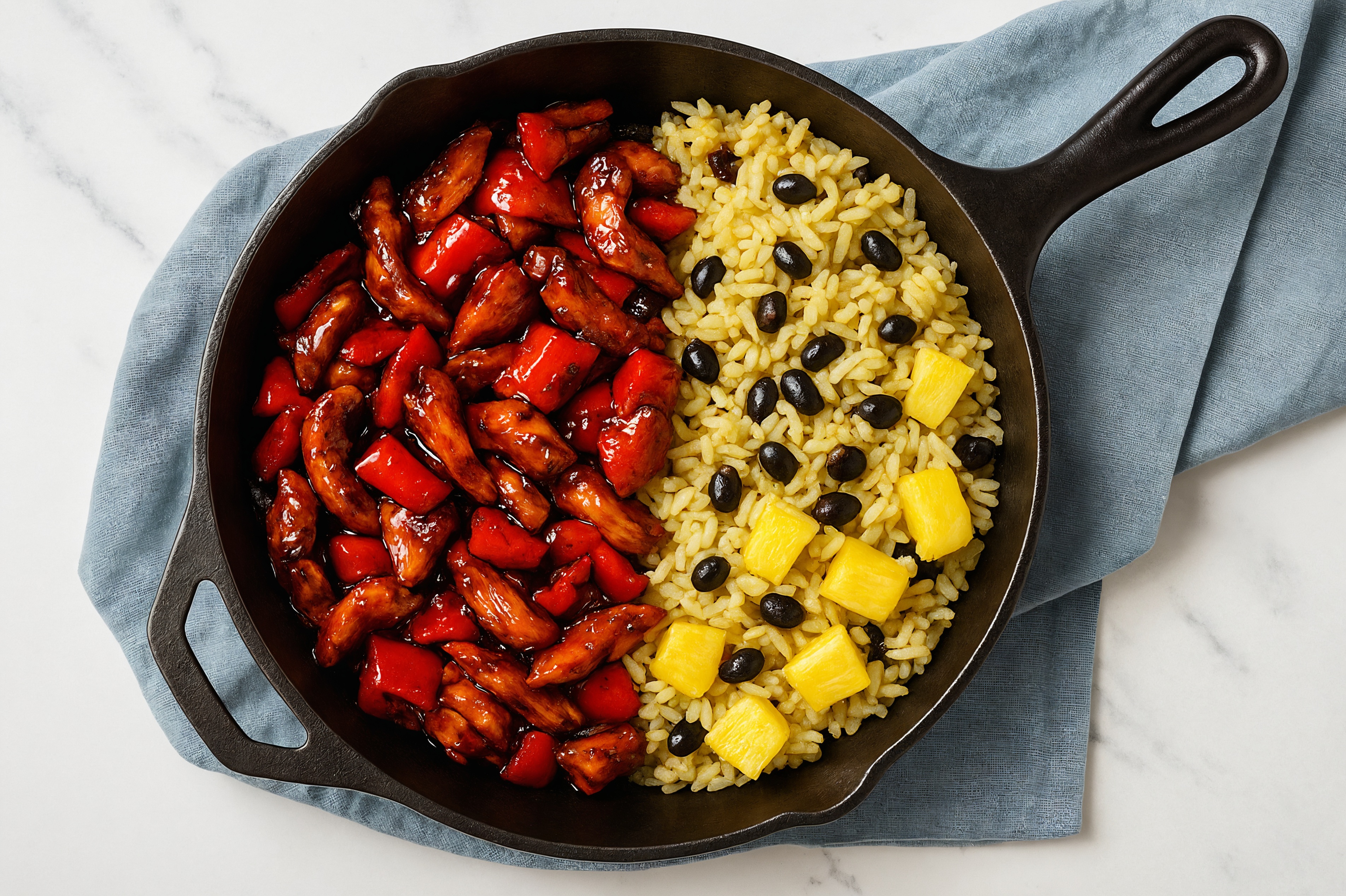 BBQ Chicken + Pineapple with Sautéed Bell Pepper over Rice with Beans