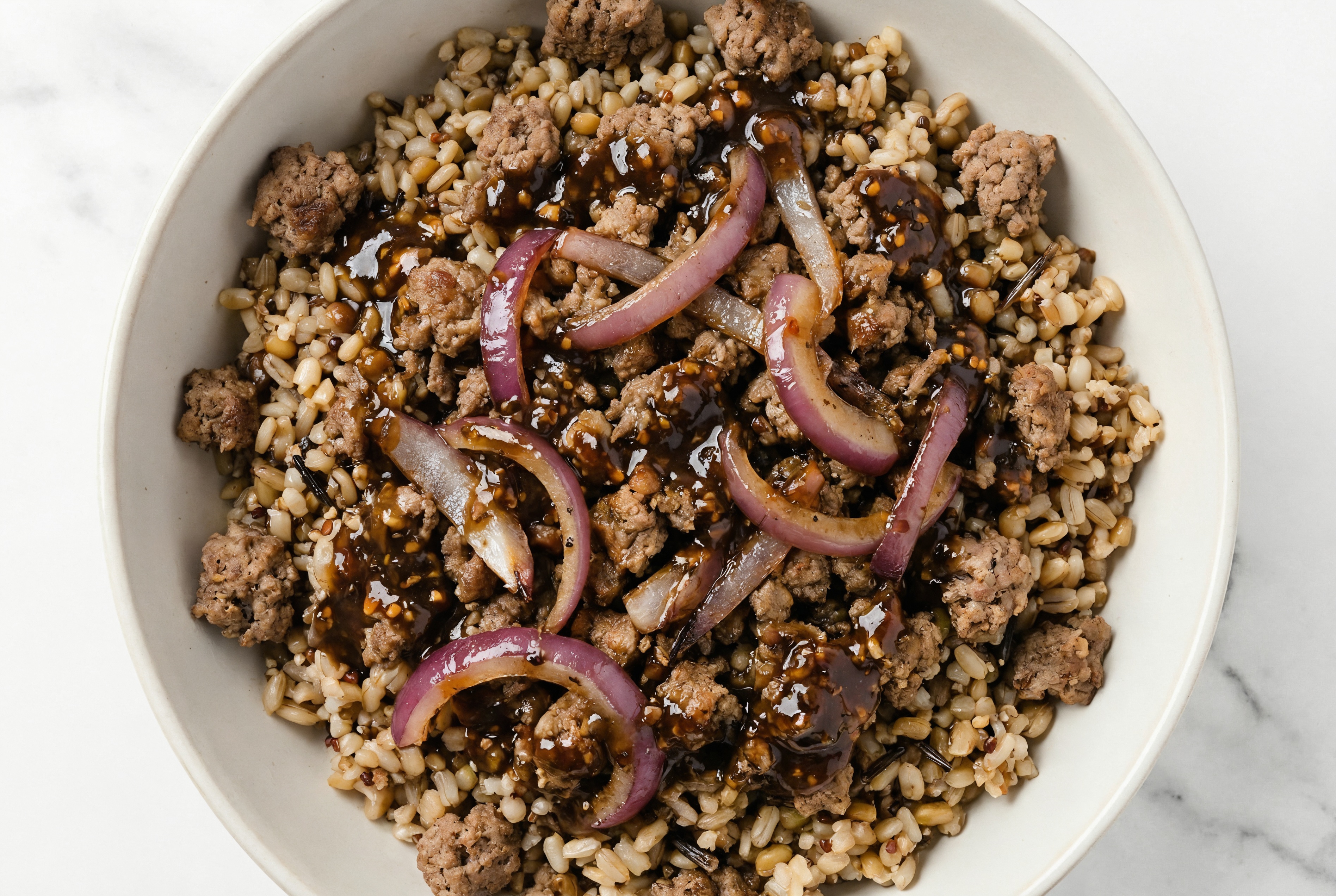 Ground Bison & Red Onion Grain Bowl with Tangy Black Pepper