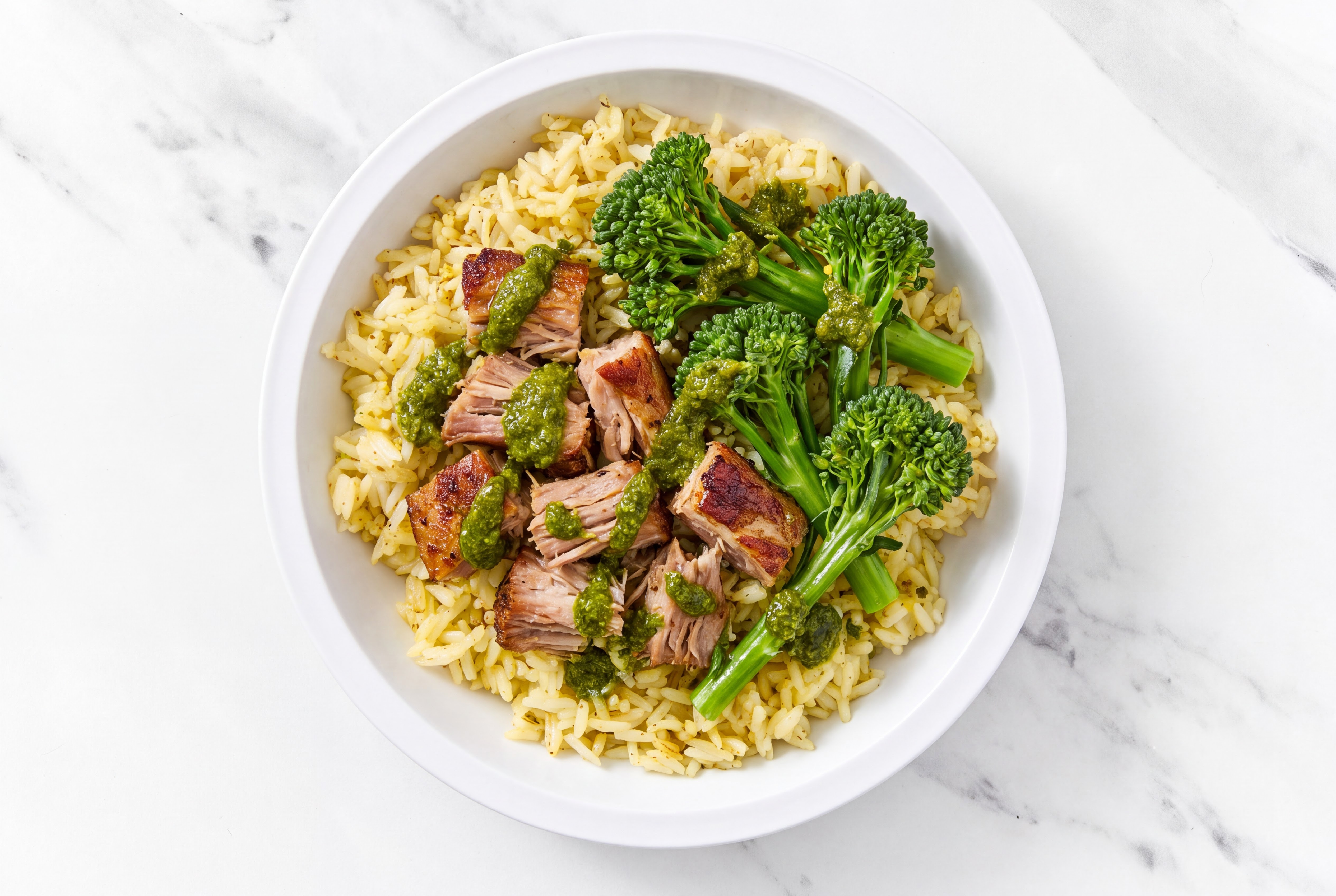 Kalua Pork Grain Bowl with Baby Broccoli & Zhoug