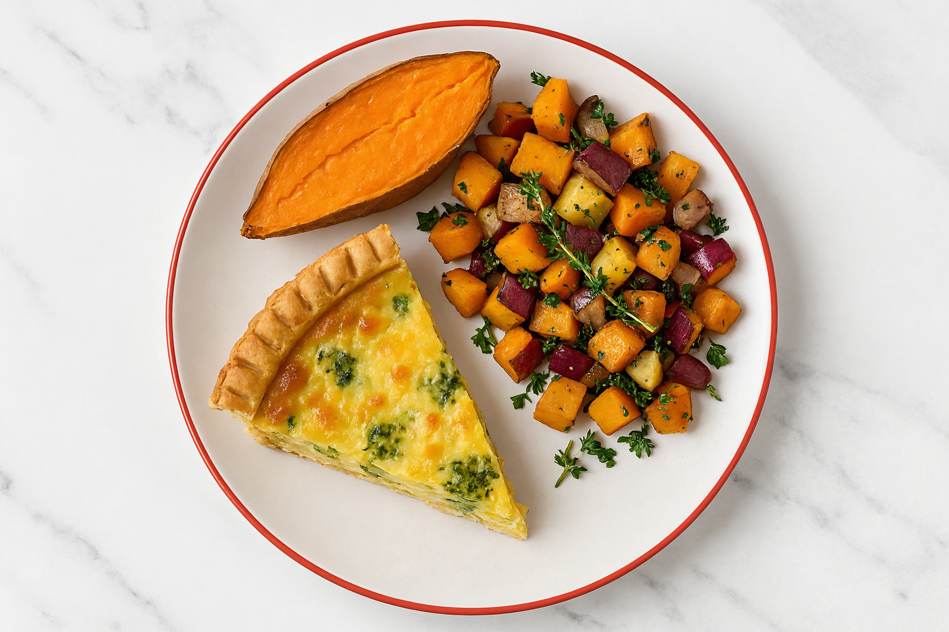 Broccoli & Cheddar Quiche with Roasting Veggies & Sweet Potato