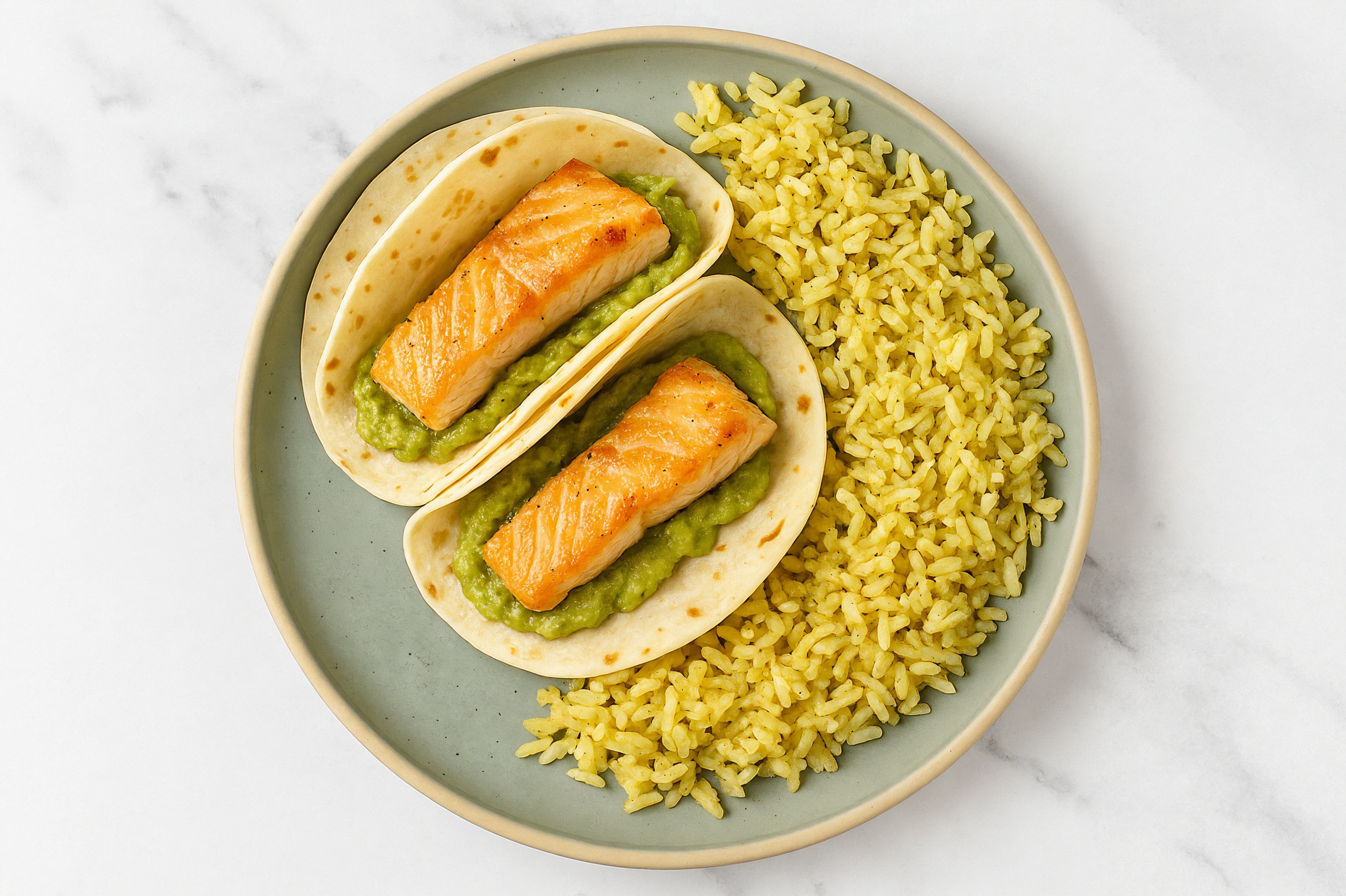 Salmon Tacos with Guacamole + Seasoned Jasmine Rice