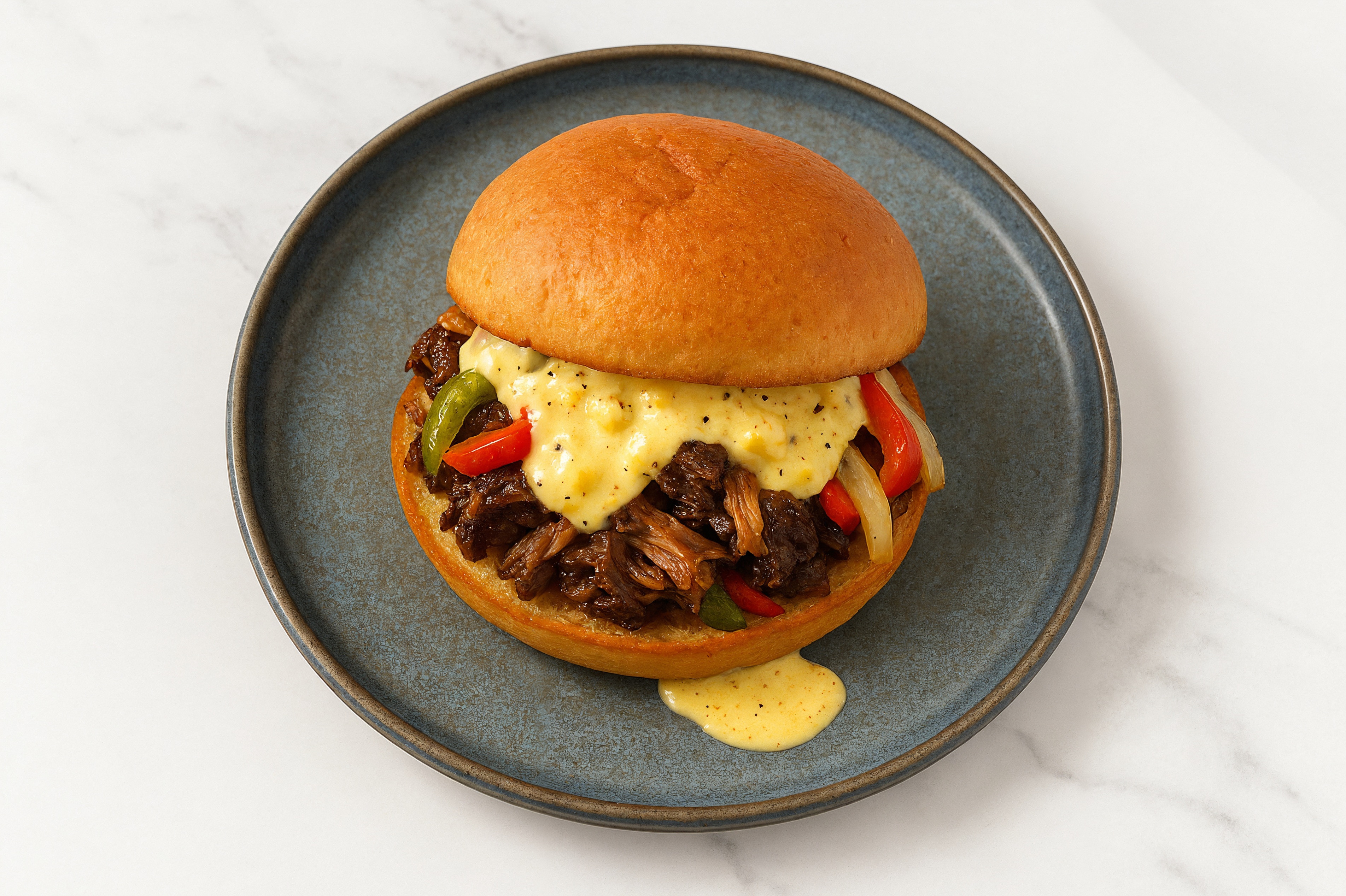 Street Corn Beef Short Rib Sandwich with Peppers + Onion on Gluten-Free Buns