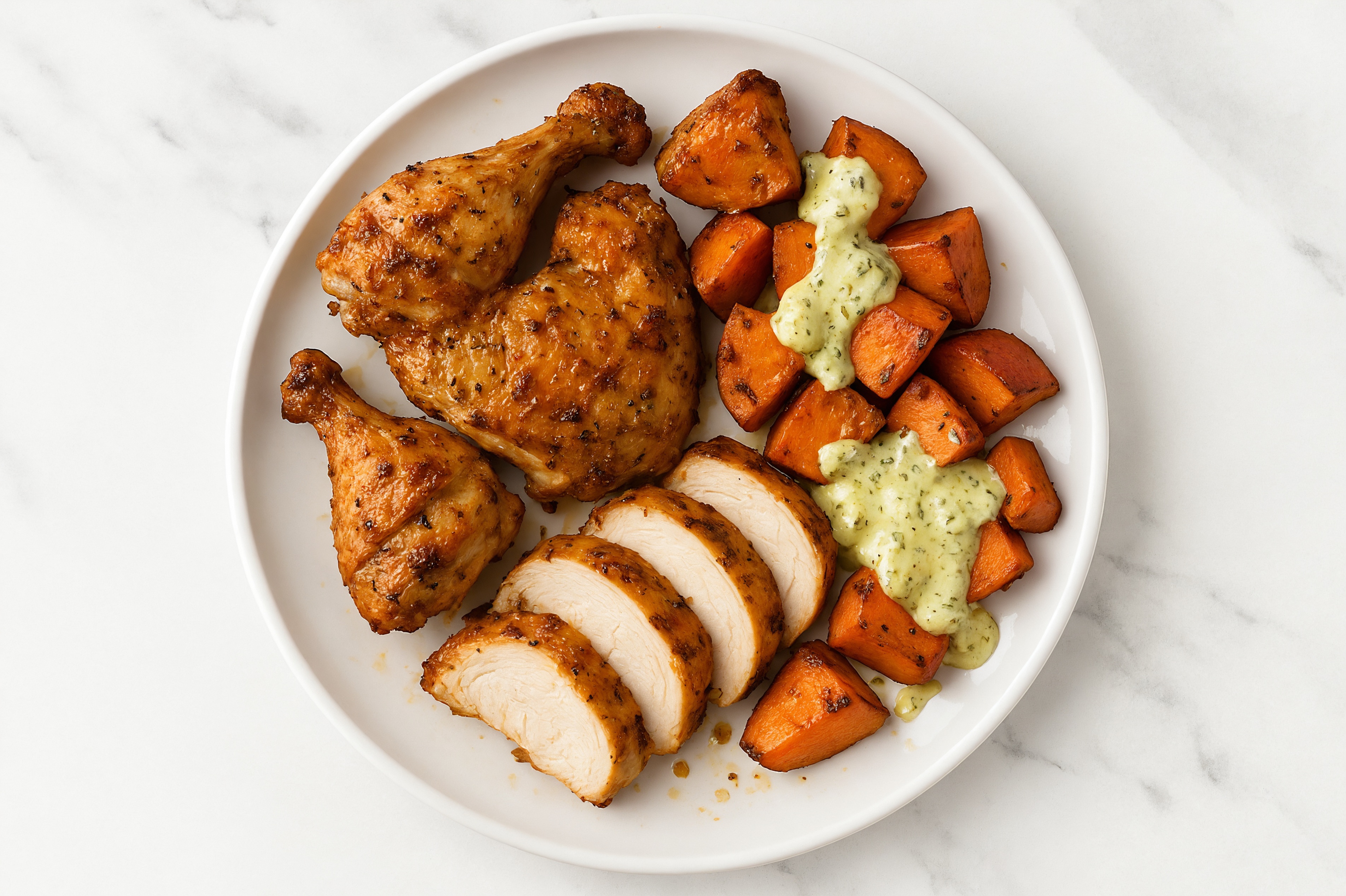 Garlic Herb Chicken + Roasted Sweet Potatoes with Dill Sauce