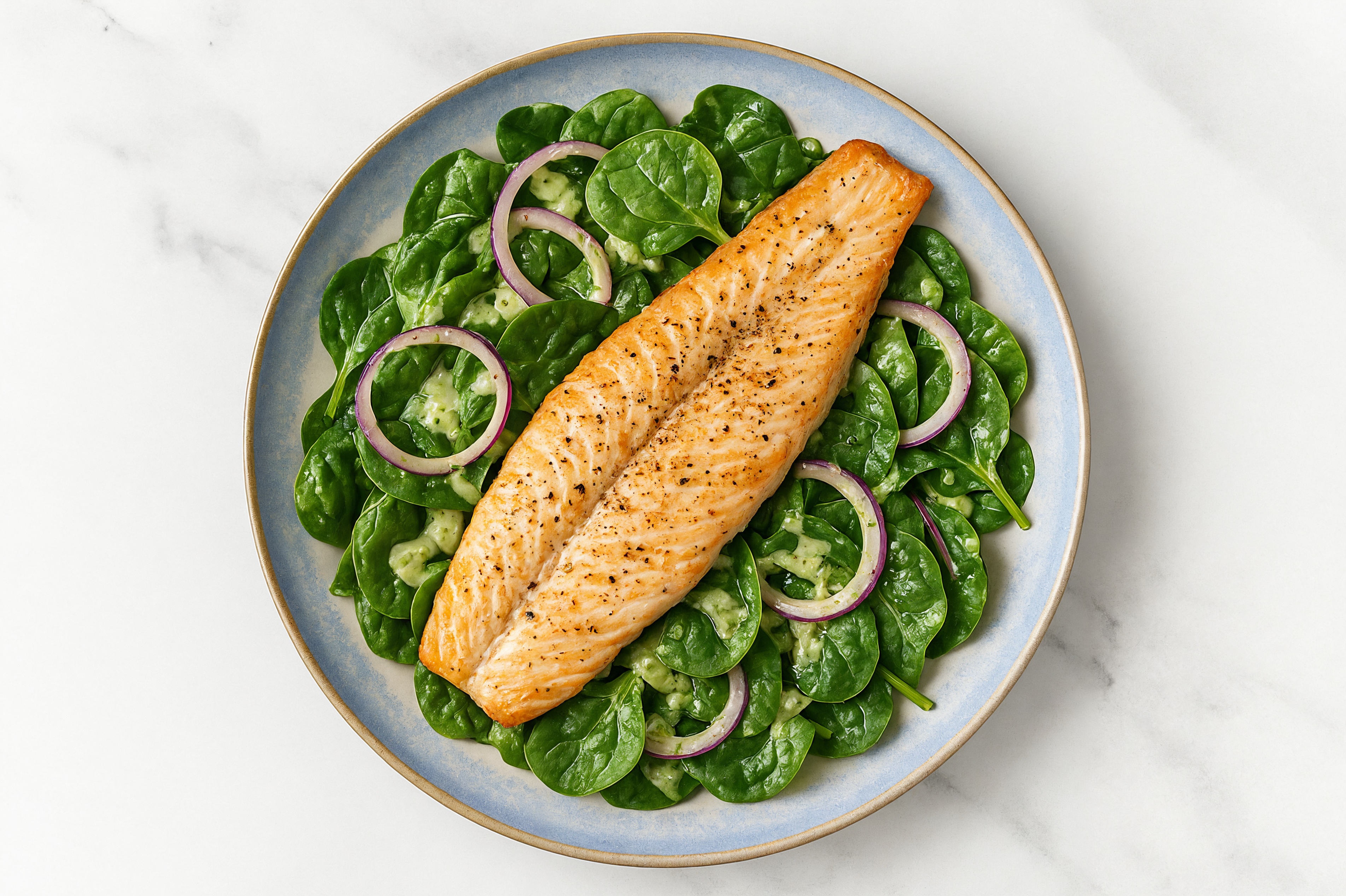 Baby Spinach Salad with Trout, Onion & Green Goddess Dressing