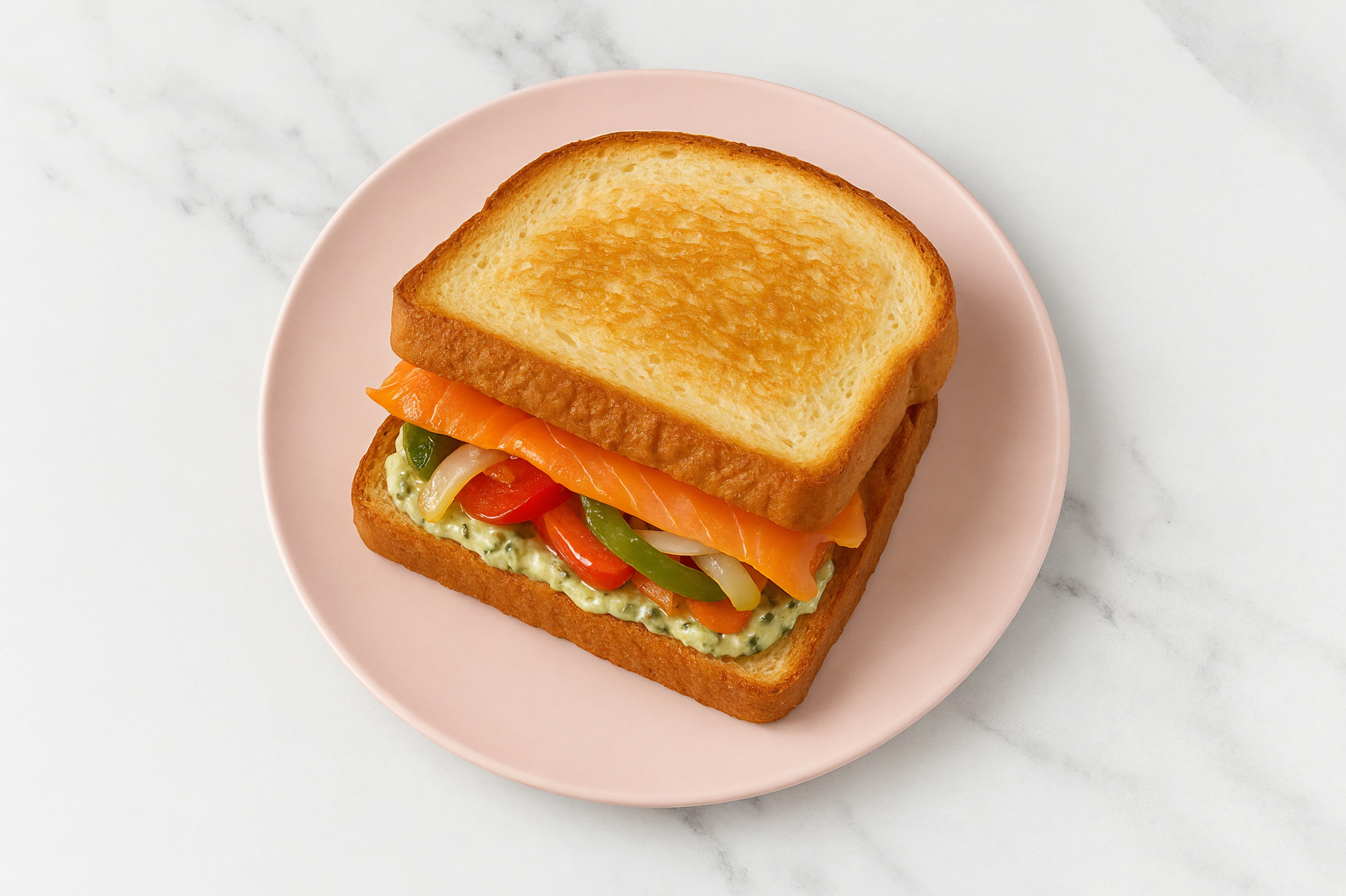 Creamy Artichoke Smoked Salmon Sandwich with Peppers + Onion on Honey White Bread