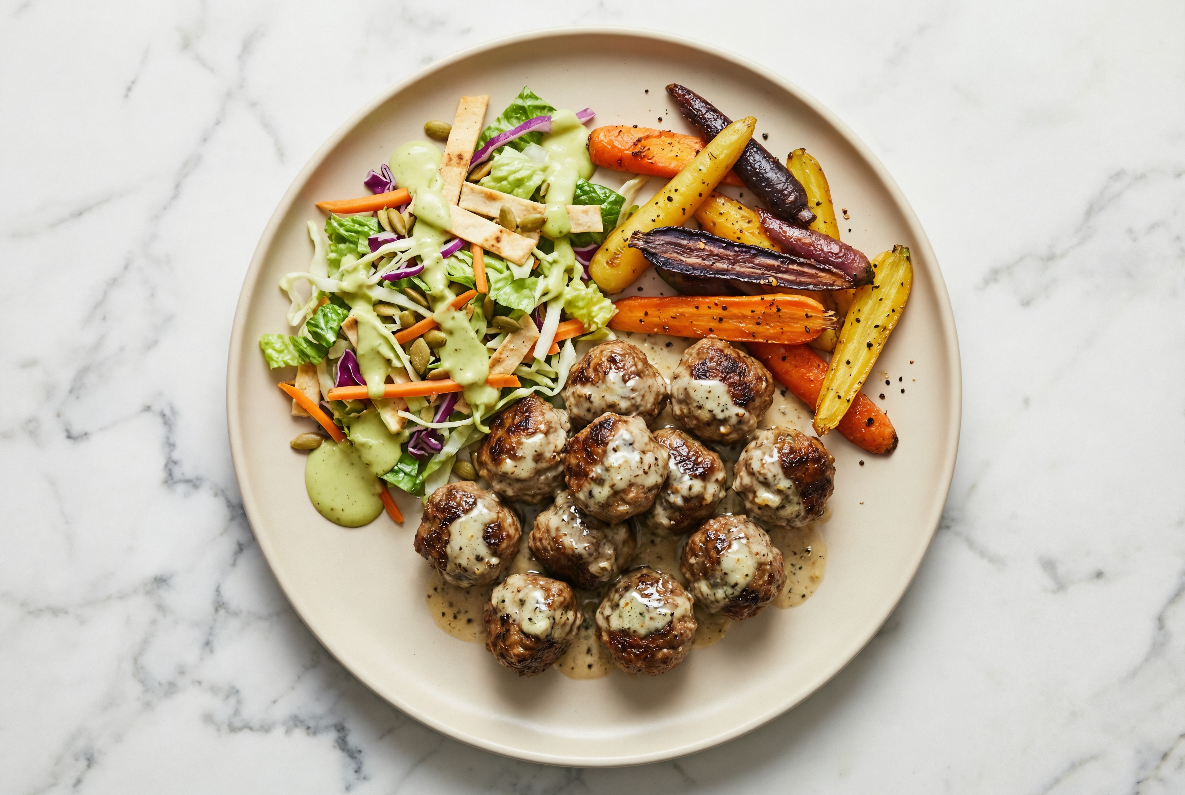 Creamy Garlic Baked Lamb Meatballs & Baby Carrots with Avocado Salad