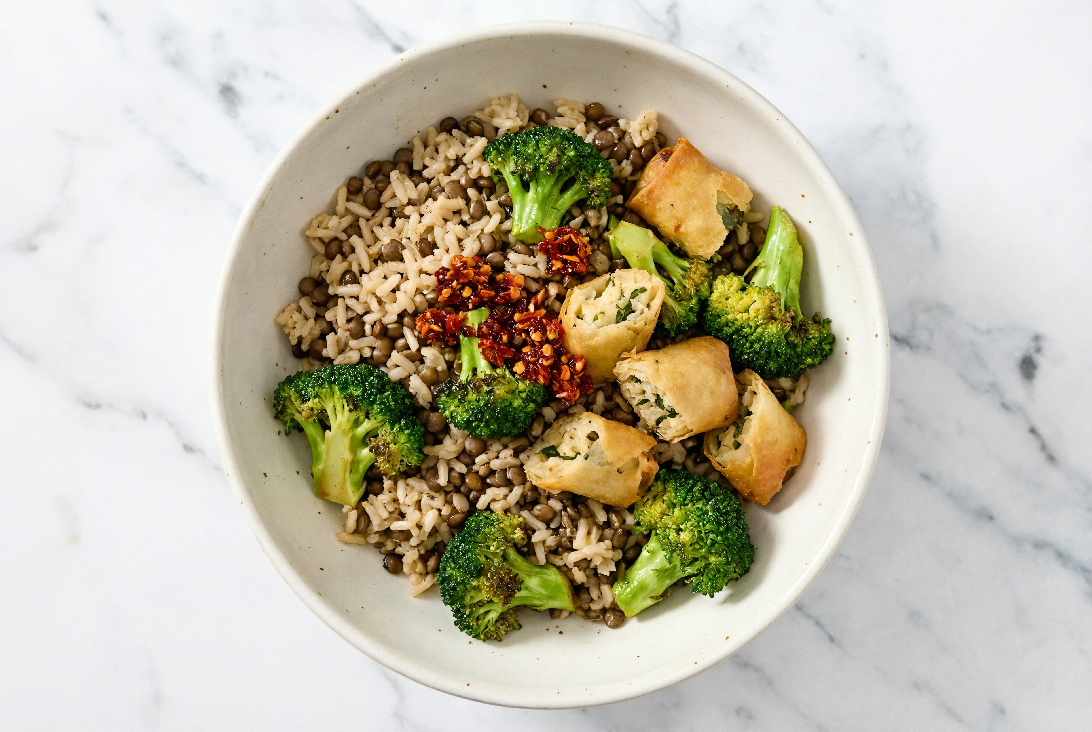 Chicken Spring Roll + Organic Broccoli Chili Crisp Bowl