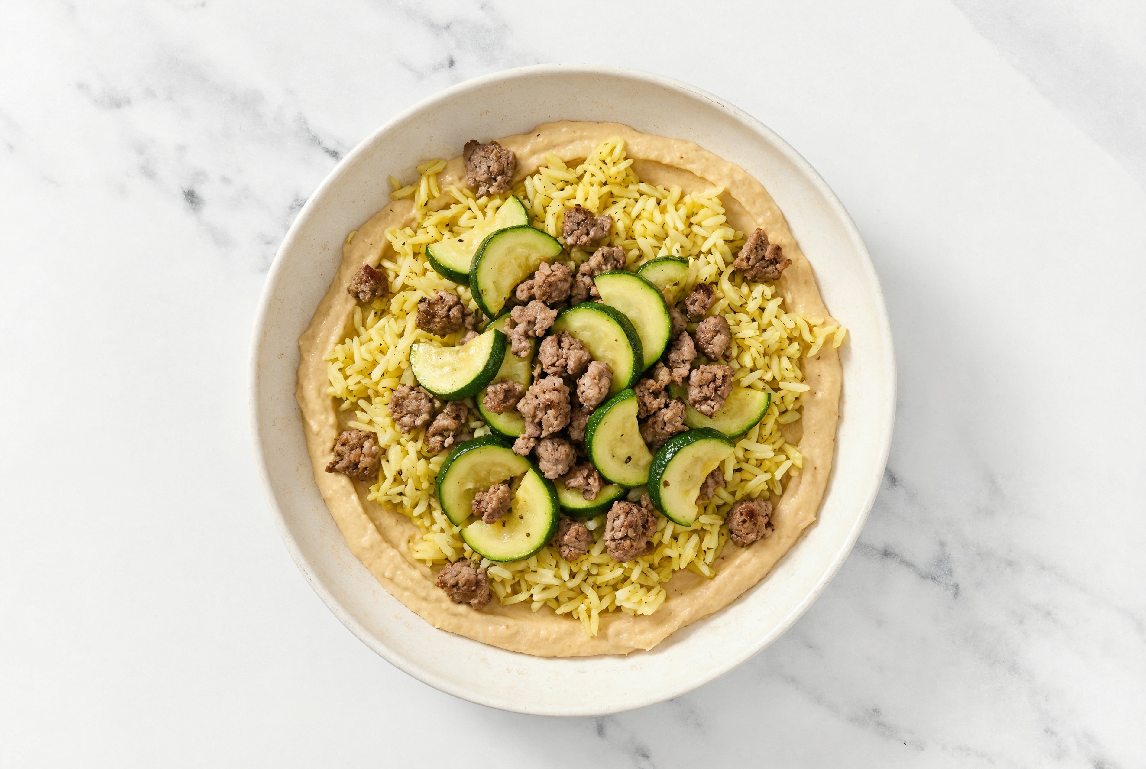 Ground Lamb & Zucchini Grain Bowl with Onion Hummus