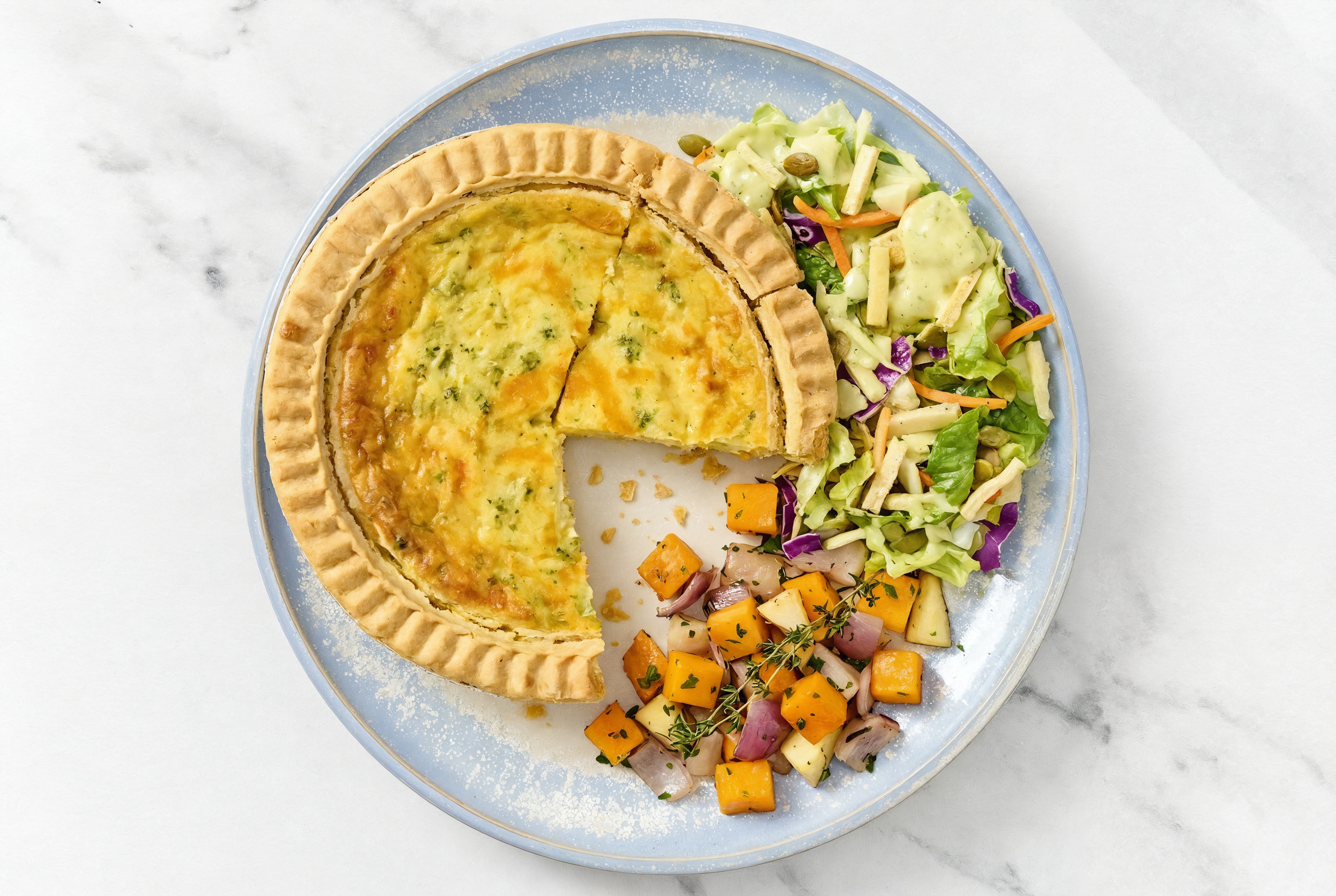 Broccoli & Cheddar Quiche with Roasting Veggies & Goddess Salad