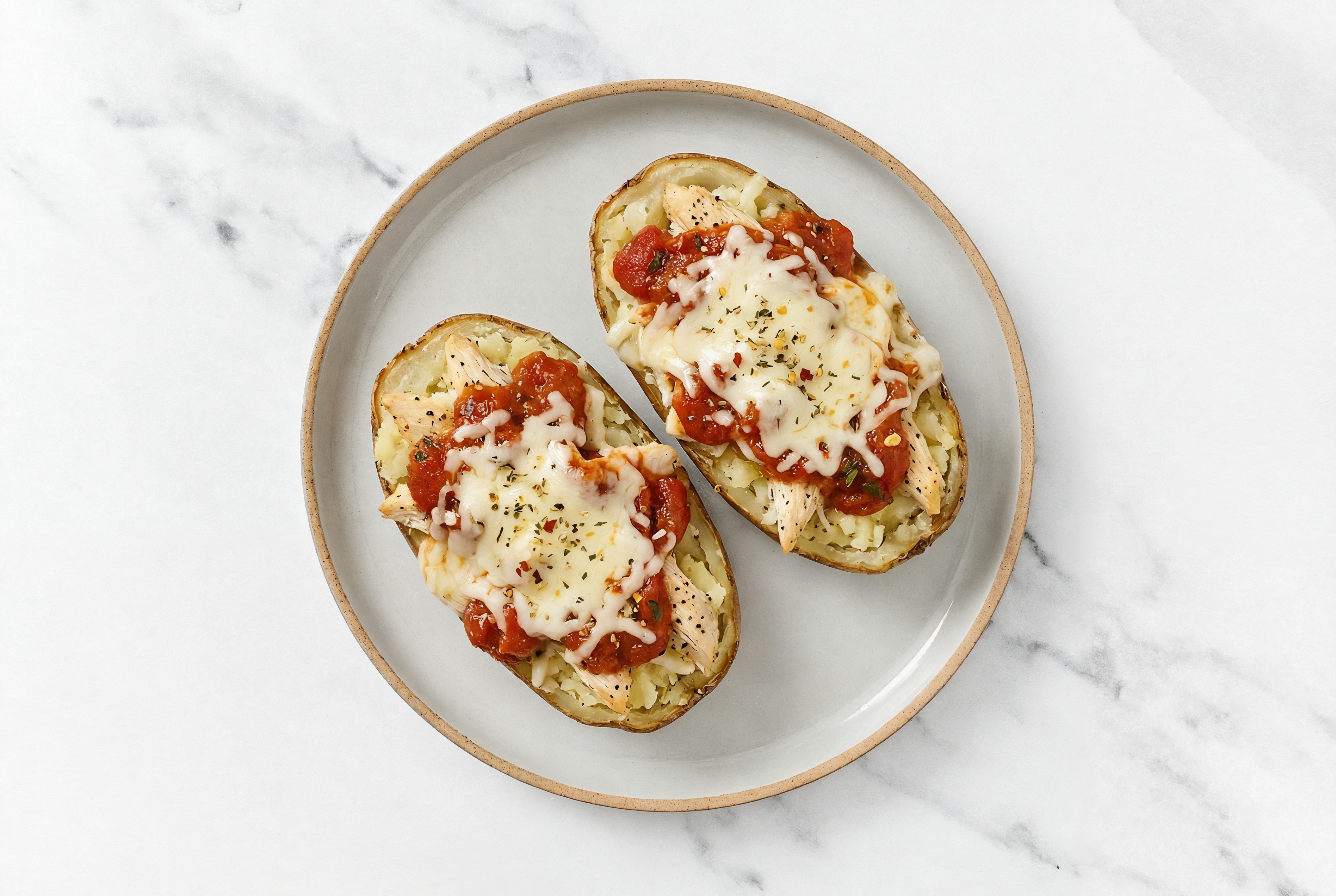 Chicken Parm Loaded Baked Potato with Shredded Mozzarella Cheese