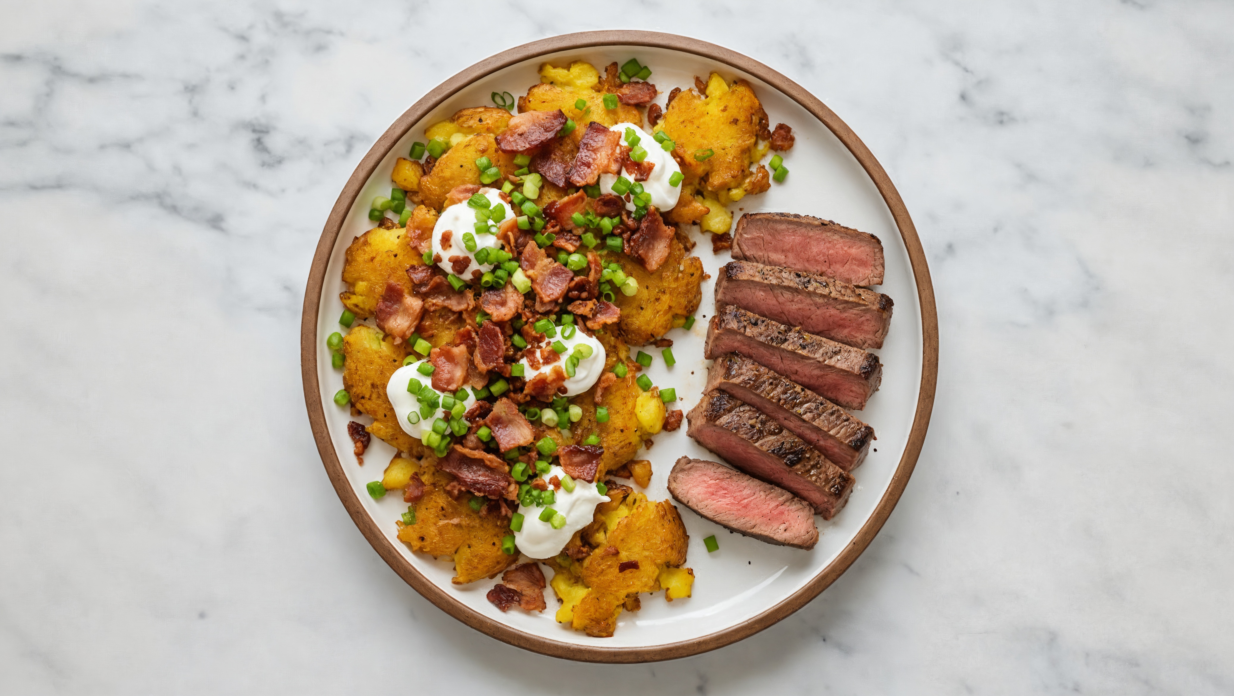 Sirloin Steak + Crispy Loaded Smashed Potatoes with Maple Bourbon Pork Bacon
