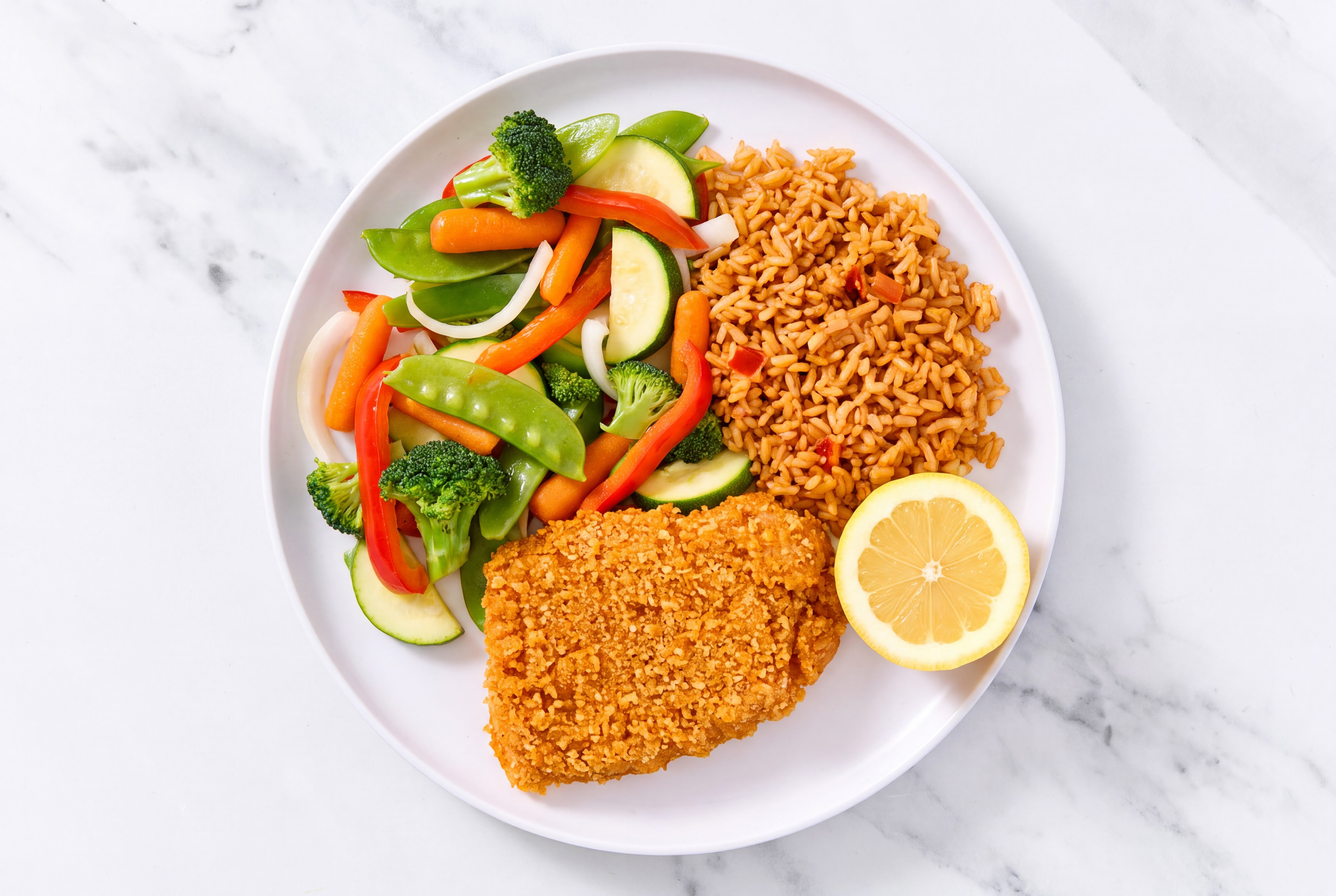 Lemon Hot Honey Breaded Chicken Cutlet with Mixed Veggies & Mexican Rice