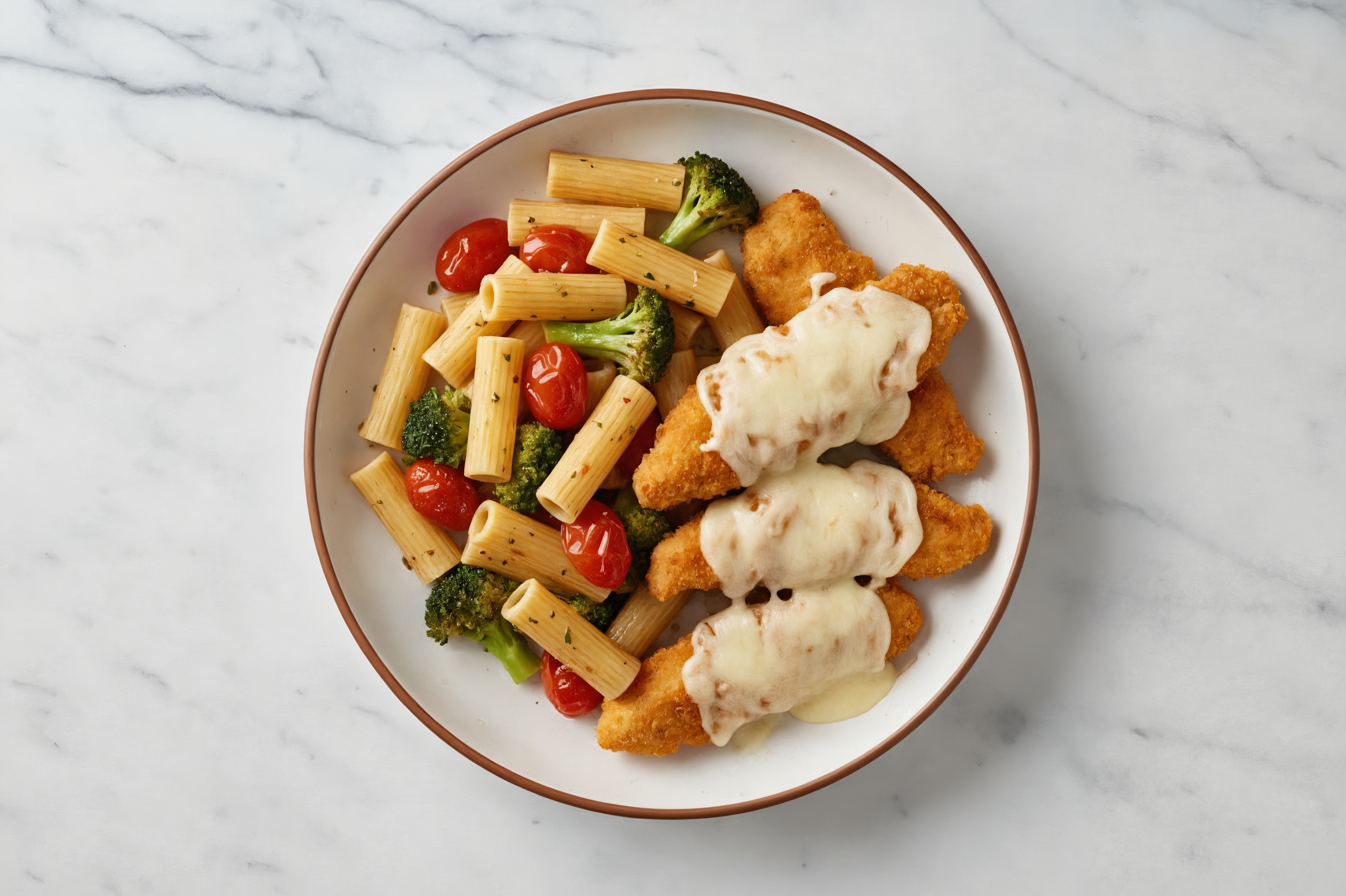 Rigatoni + Chick'n Tenders with Broccoli, Mozzarella + Tomatoes