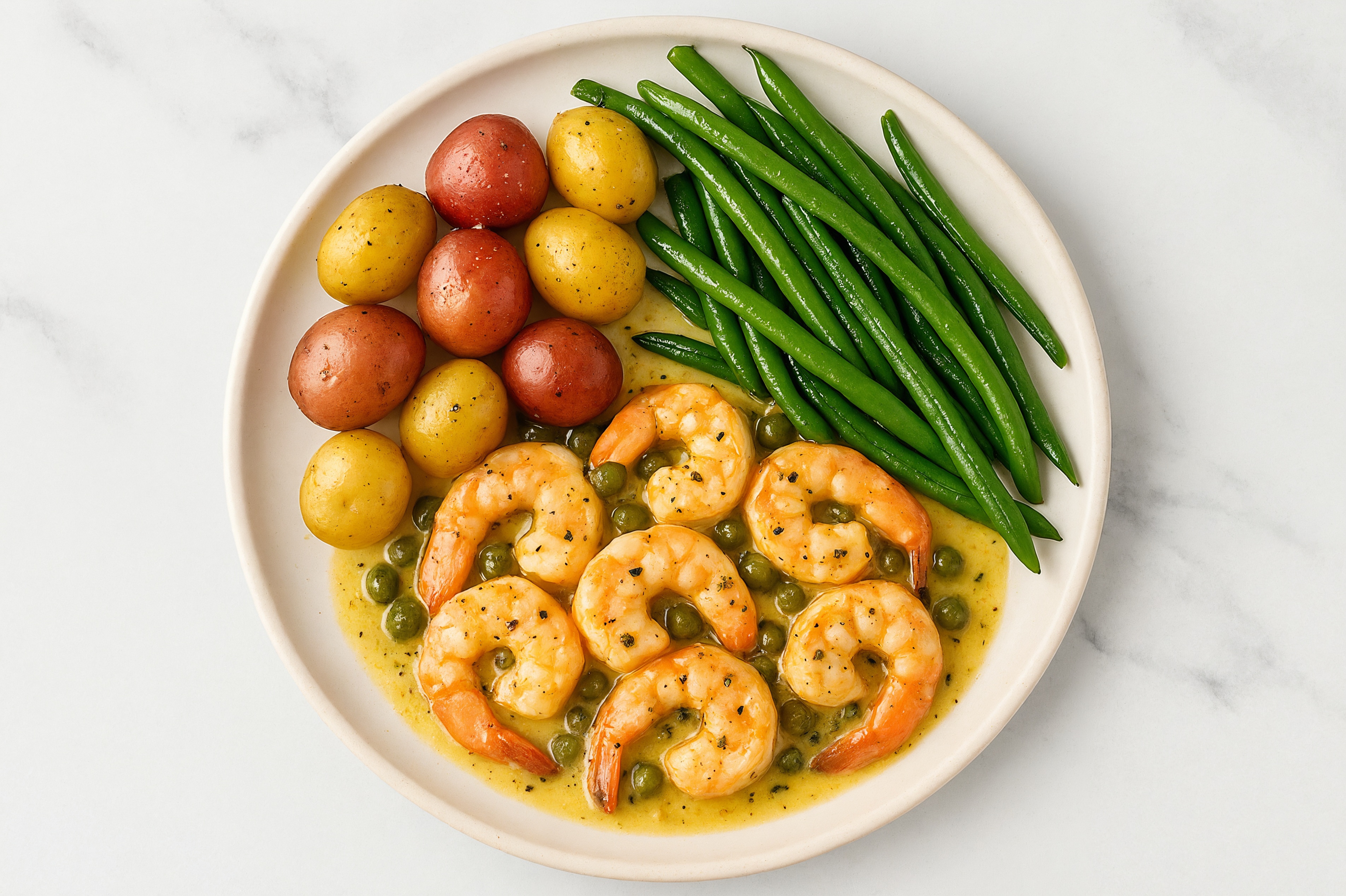 Caper-Slow Churned Lemon & Peppercorn Pasture Butter Shrimp with Creamer Potatoes & Green Beans