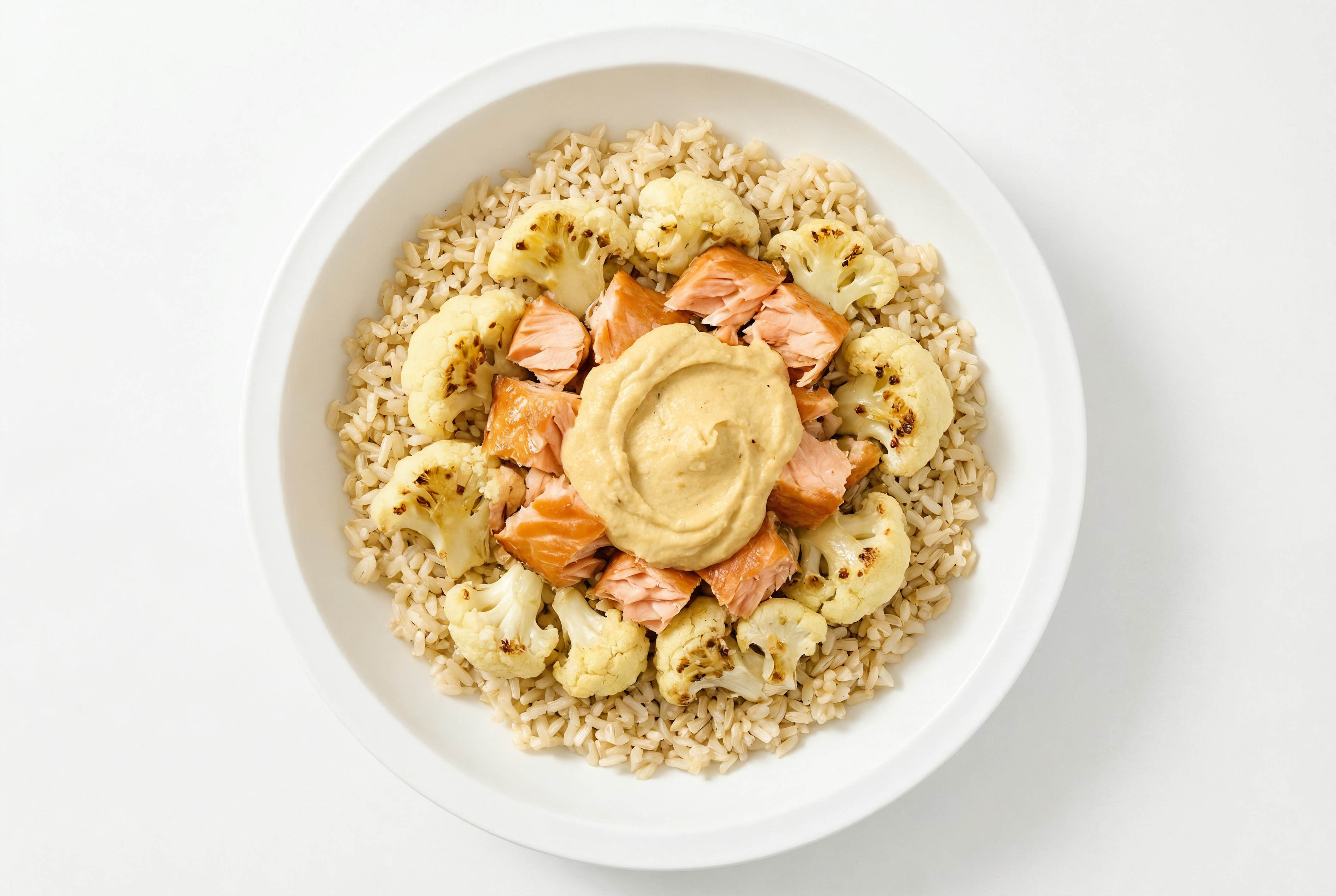Smoked Salmon Brown Rice Bowl with Onion Hummus & Cauliflower Florets