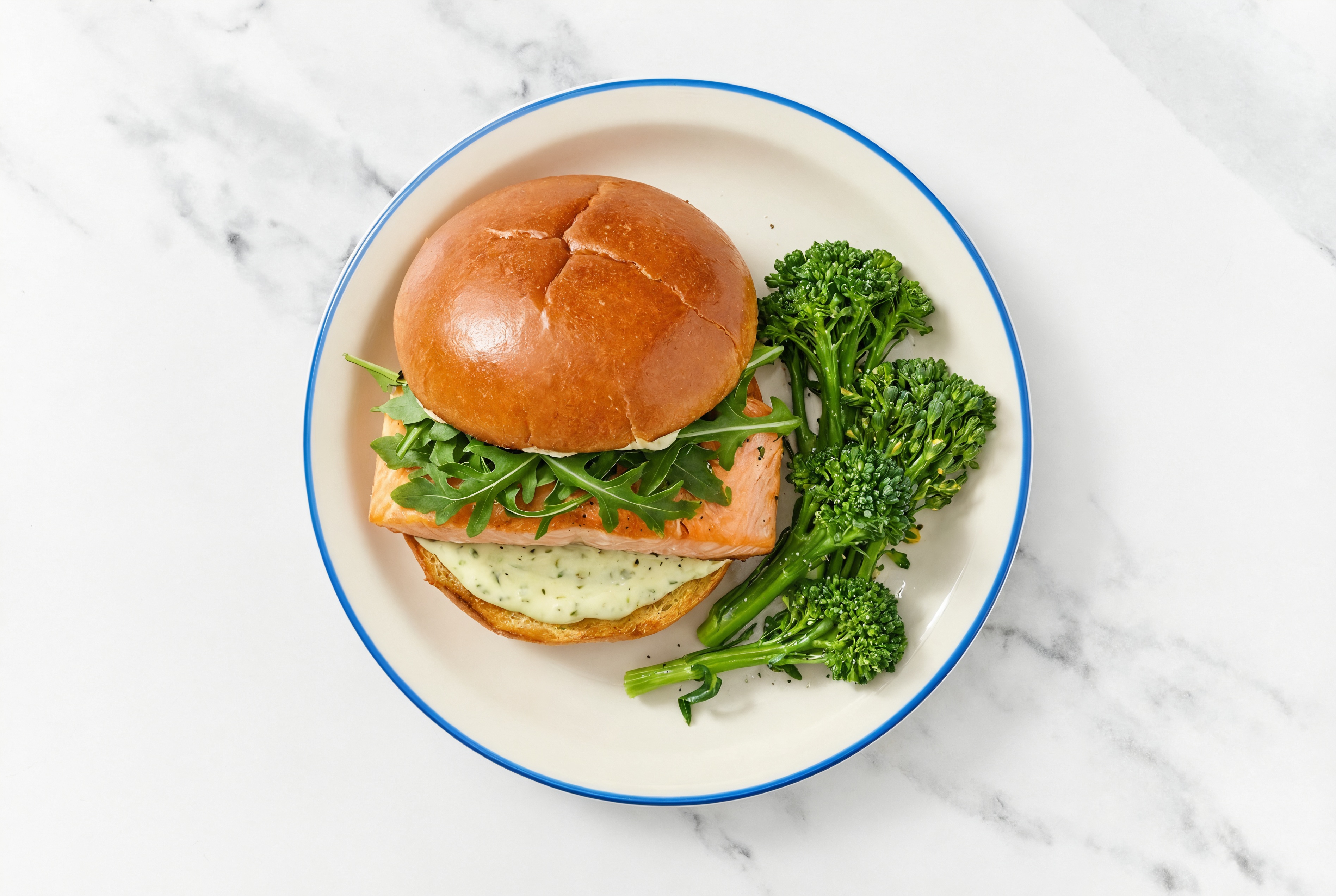 Jalapeño Salmon Sandwich on Brioche with Arugula + Broccoli