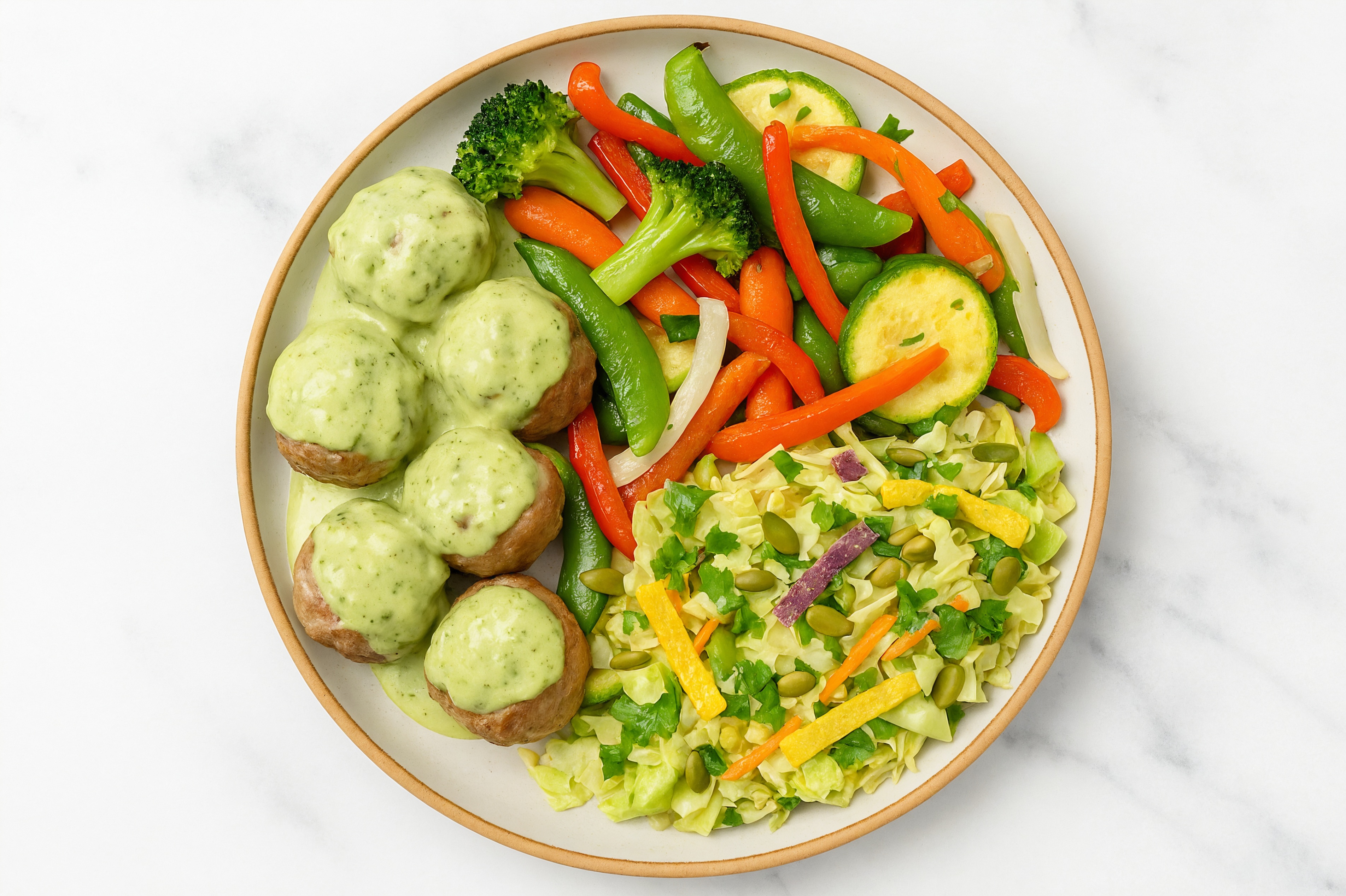 Green Goddess Baked Lamb Meatballs & Veggies with Southwest Salad