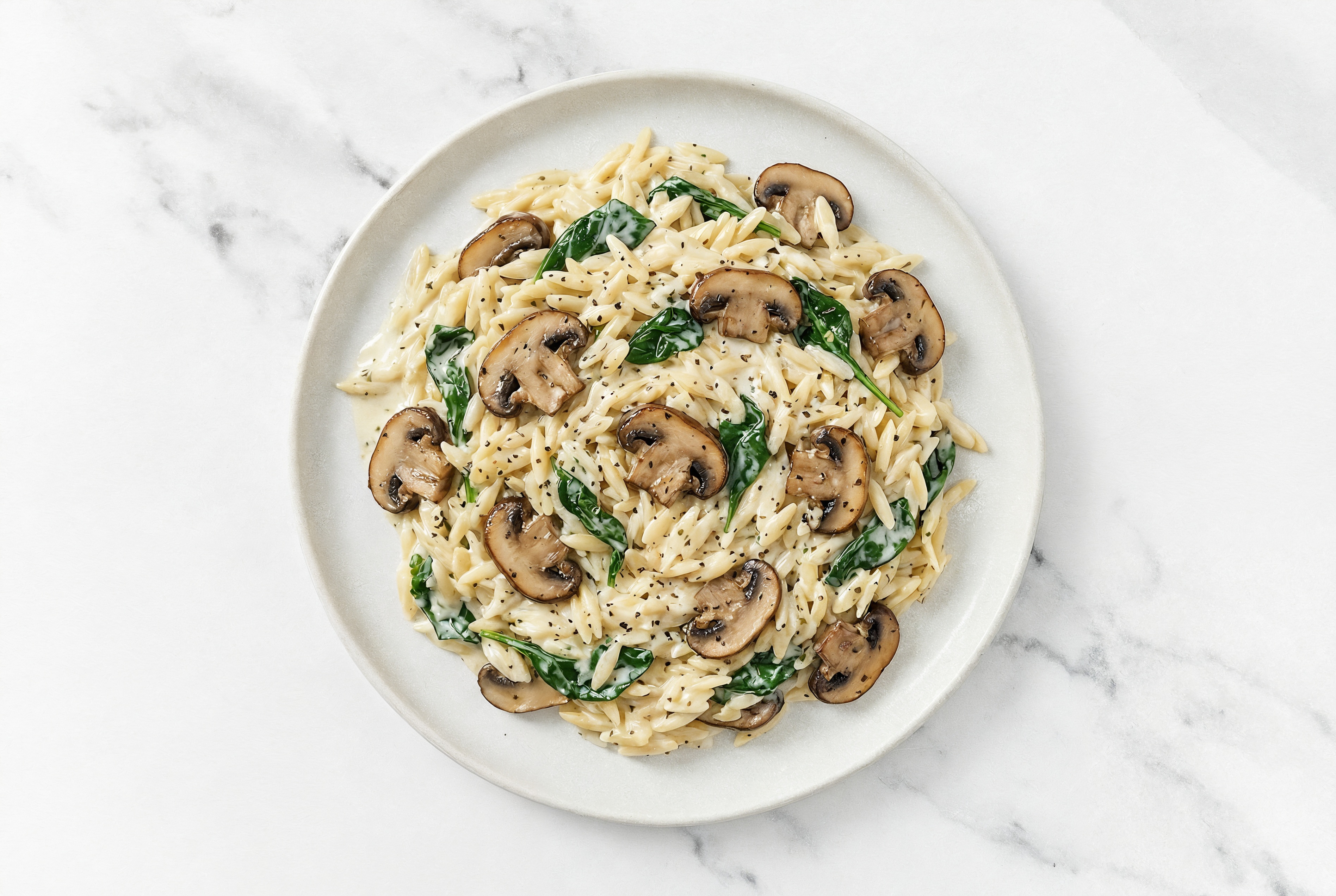Creamy Mushroom + Spinach Orzo with Classic Alfredo
