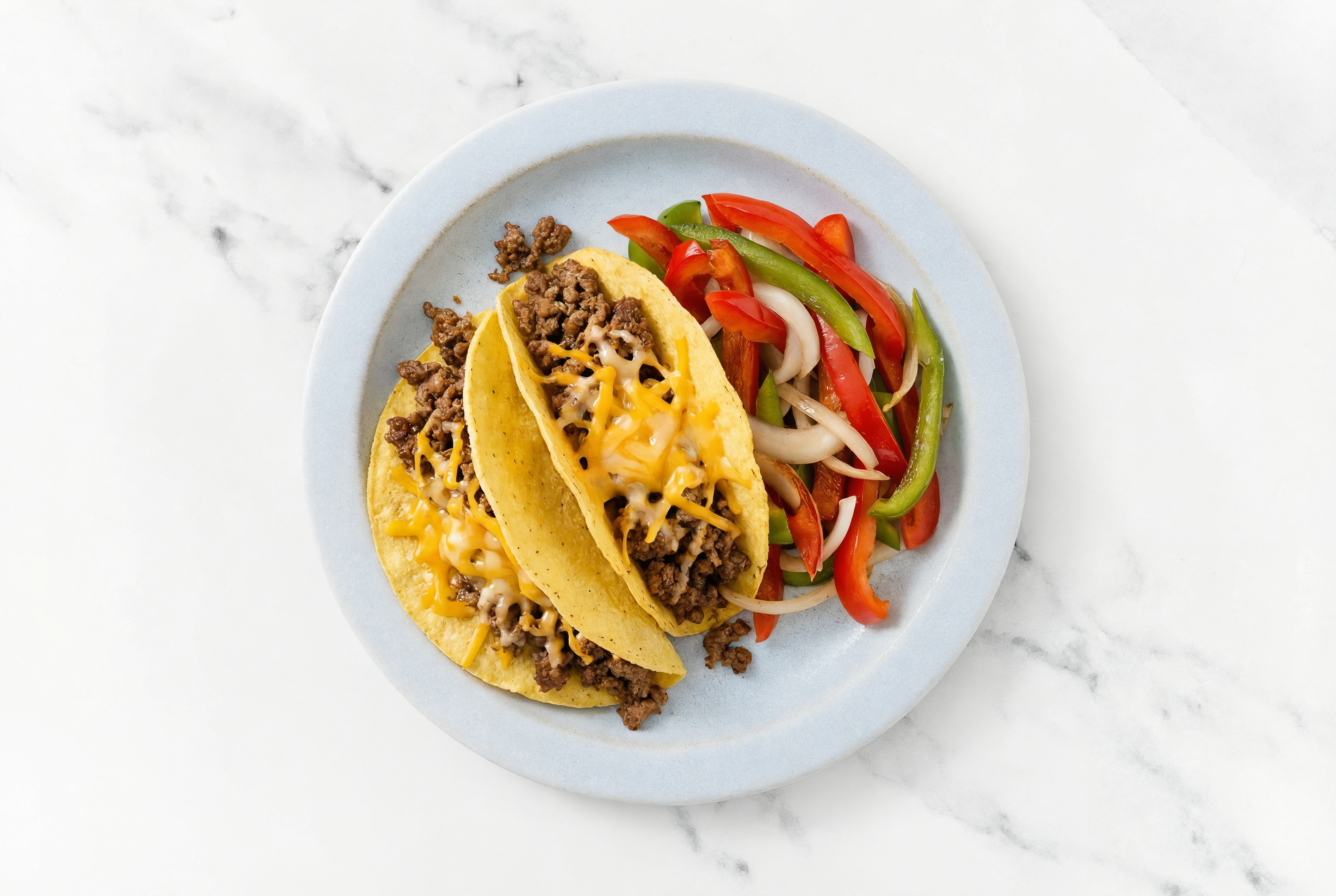 Savory Cheesy Ground Beef Tacos + Fajita Veggies with Shredded Sharp Cheddar Cheese