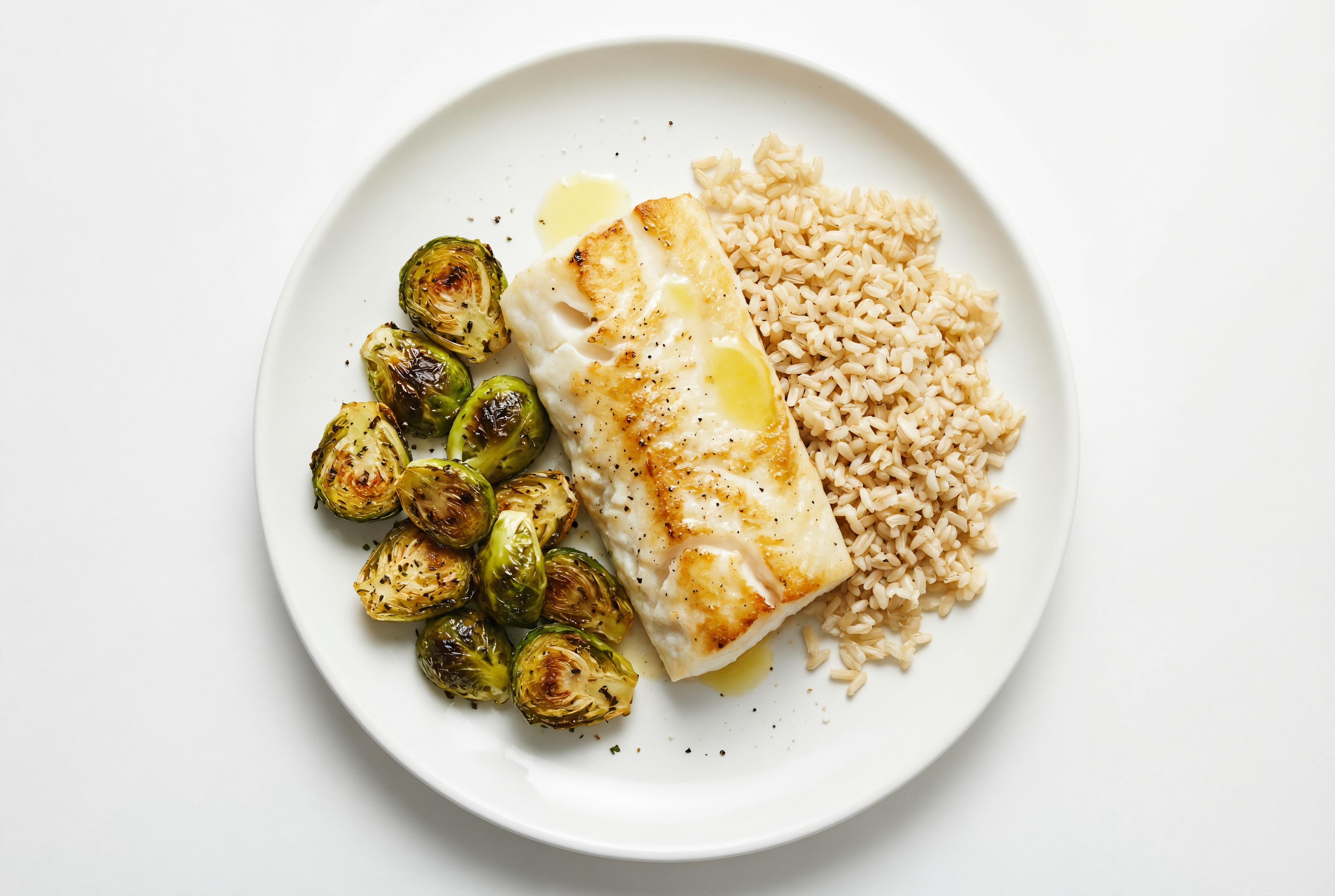 Herby Seared Barramundi + Brussels with Brown Rice