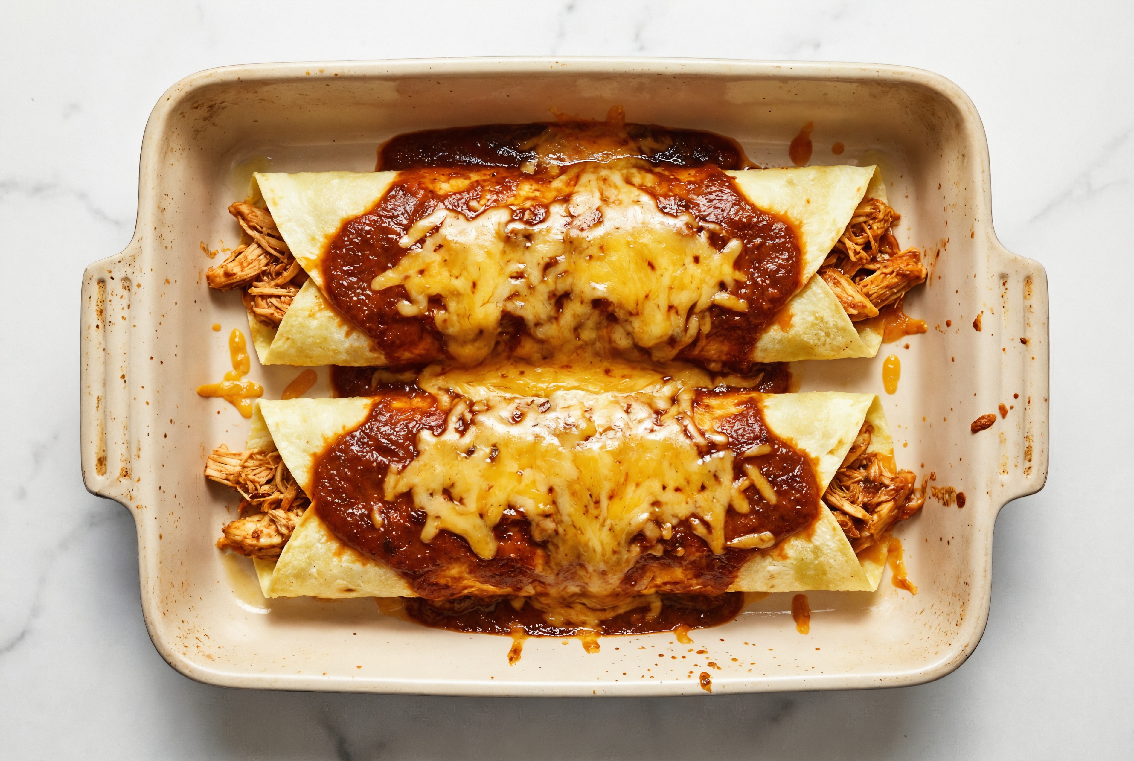 Herby Pulled Chicken Protein Enchiladas Rojas with Shredded Sharp Cheddar Cheese