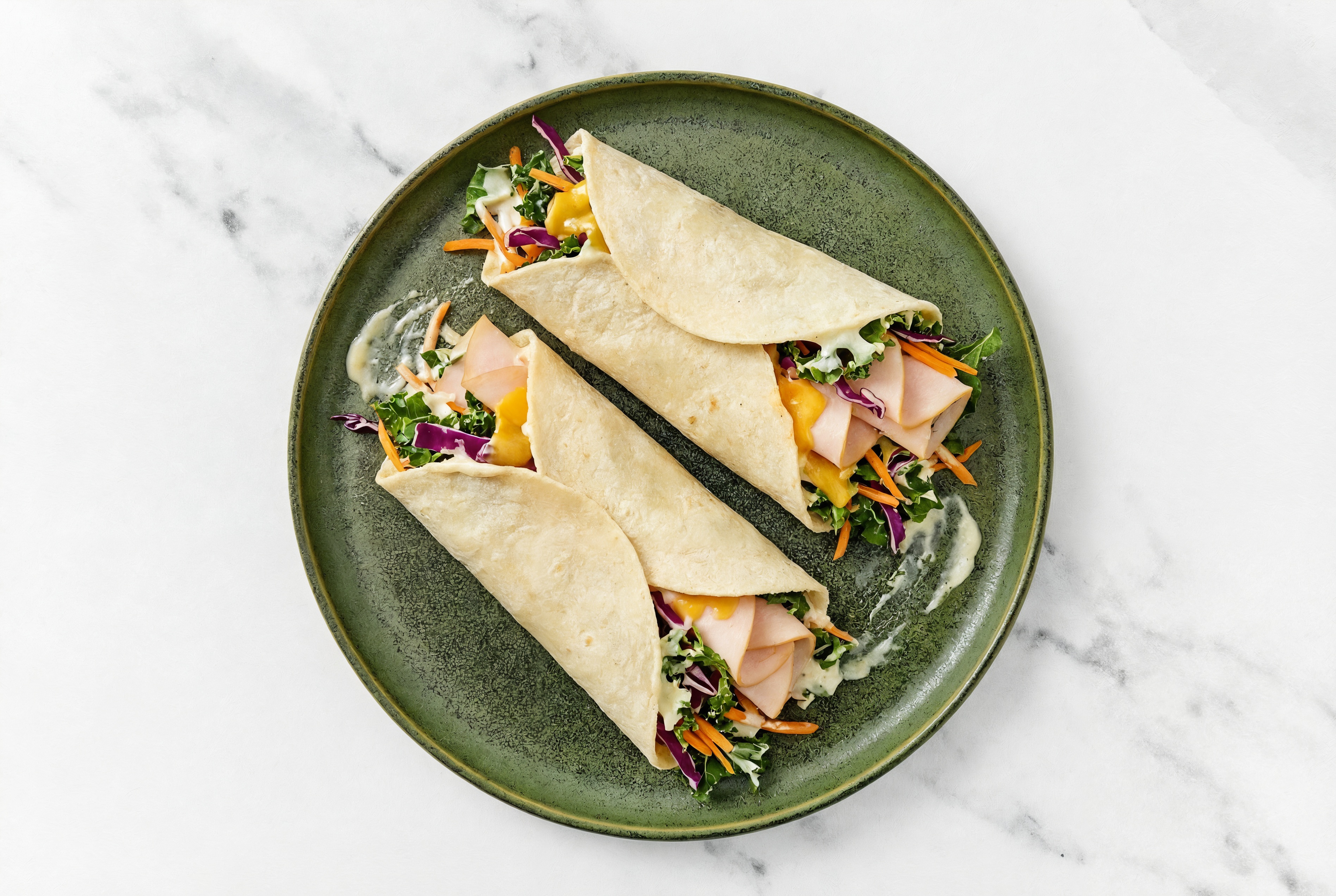 Garlic Oven Roasted Breast Turkey + Cheddar Tortilla Wraps with Rainbow Veggies