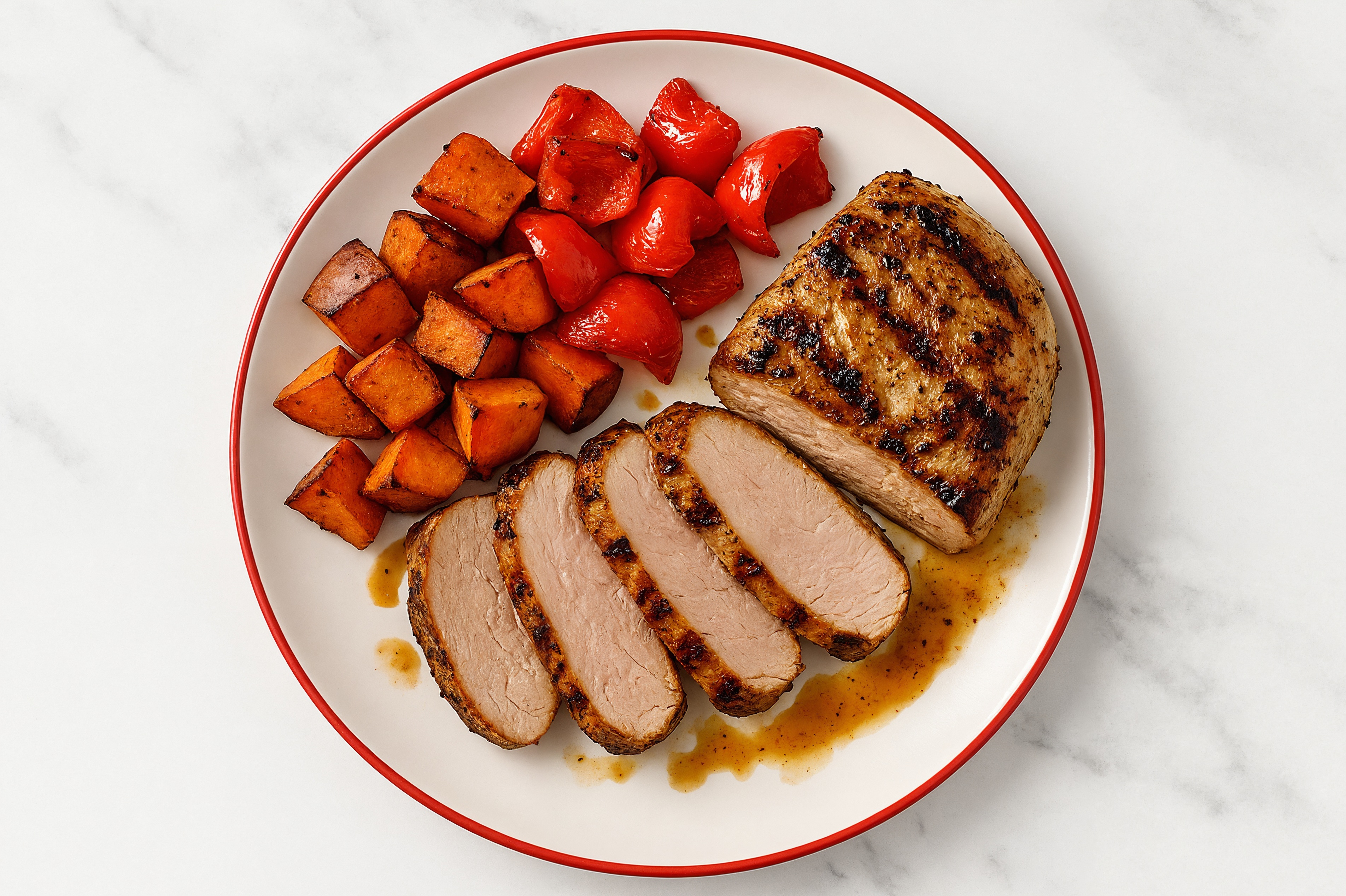 Grilled Pork Tenderloin with Roasted Sweet Potatoes + Organic Red Pepper