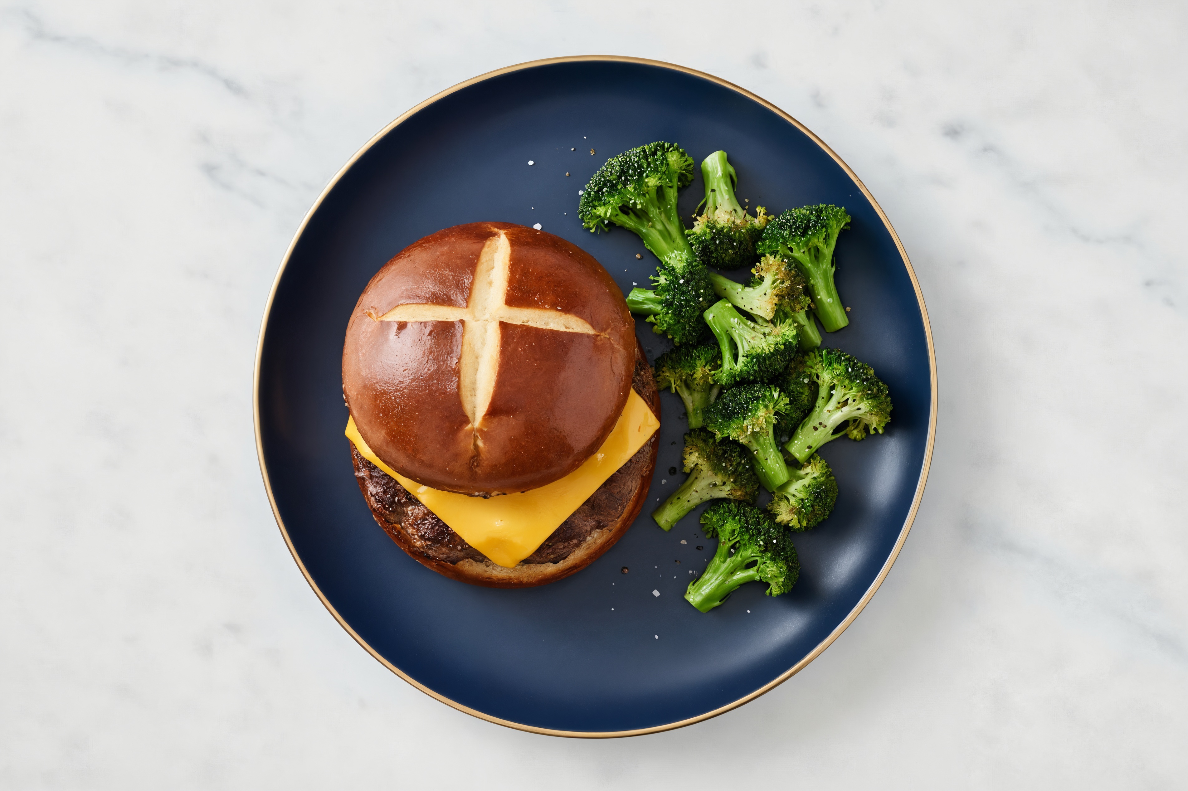 Classic Cheese Burger on Pretzel Bun with Ground Beef Patties